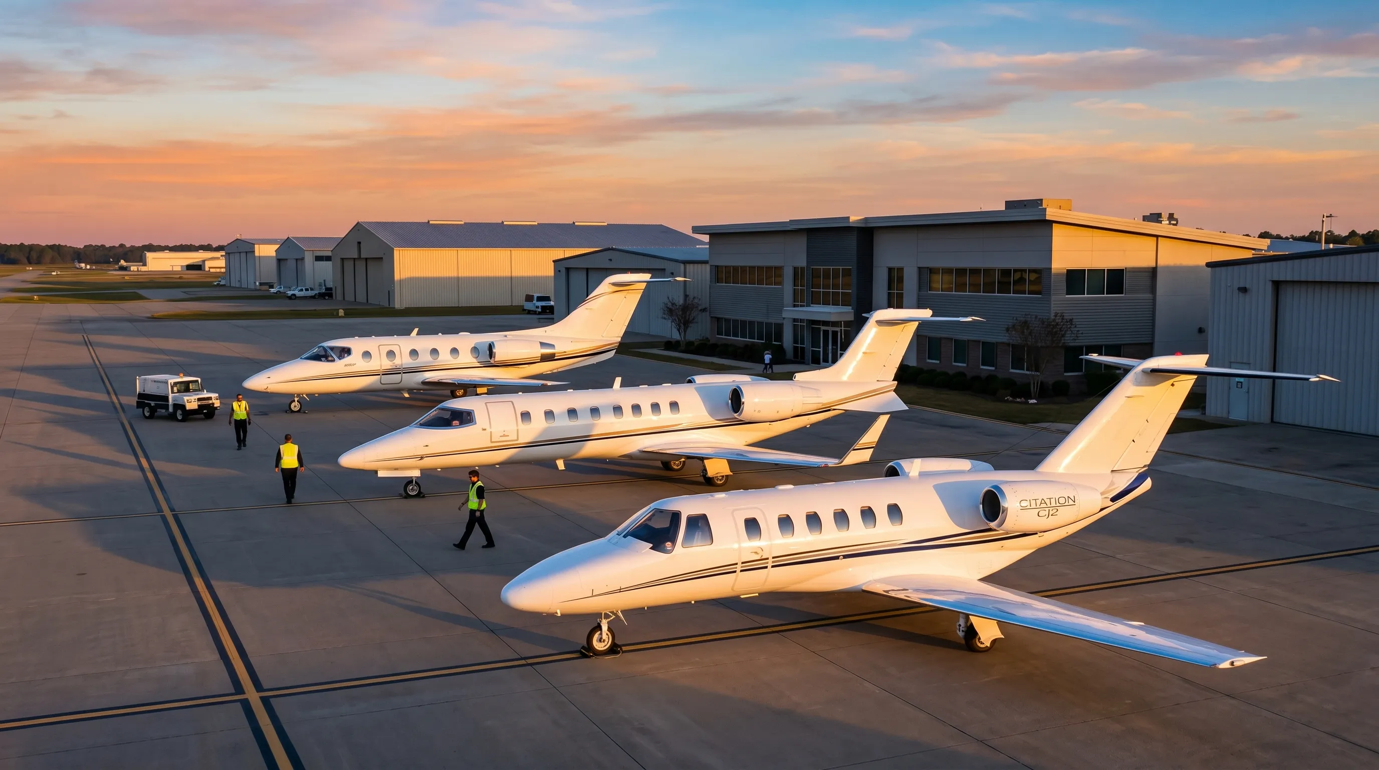 Row of pre-owned business jets lined up for sale at an aviation dealer ramp