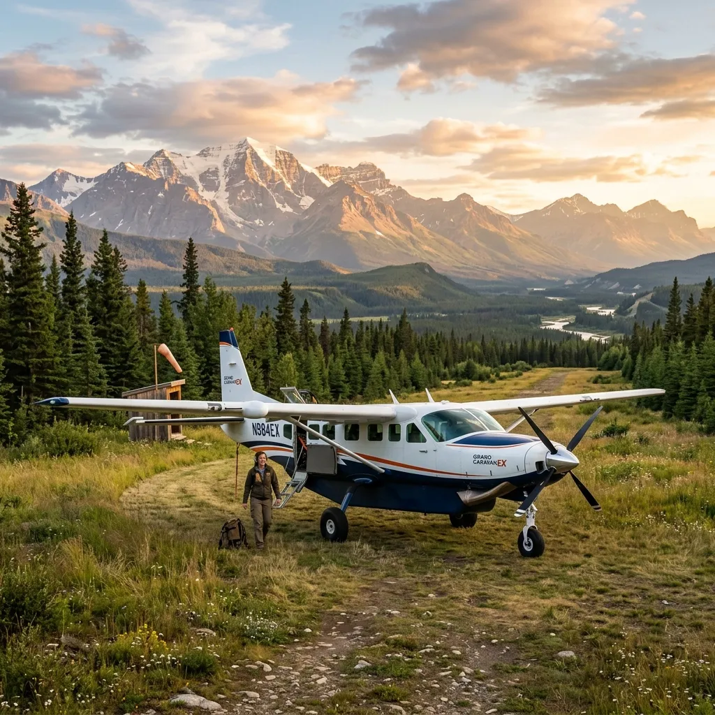 Cessna Grand Caravan EX turboprop on a remote grass airstrip with mountains in the background
