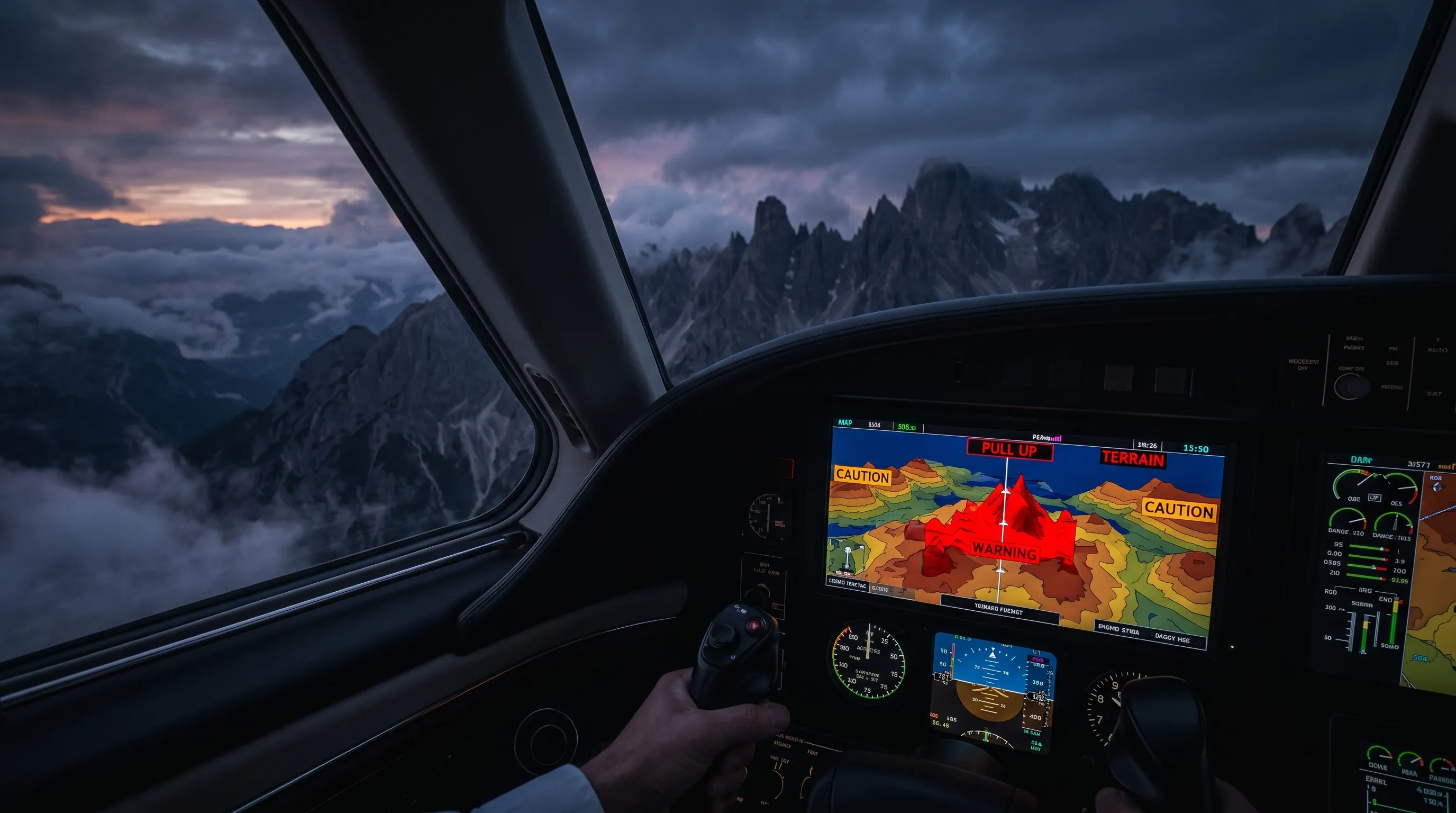 Mountain terrain with cloud cover from cockpit perspective