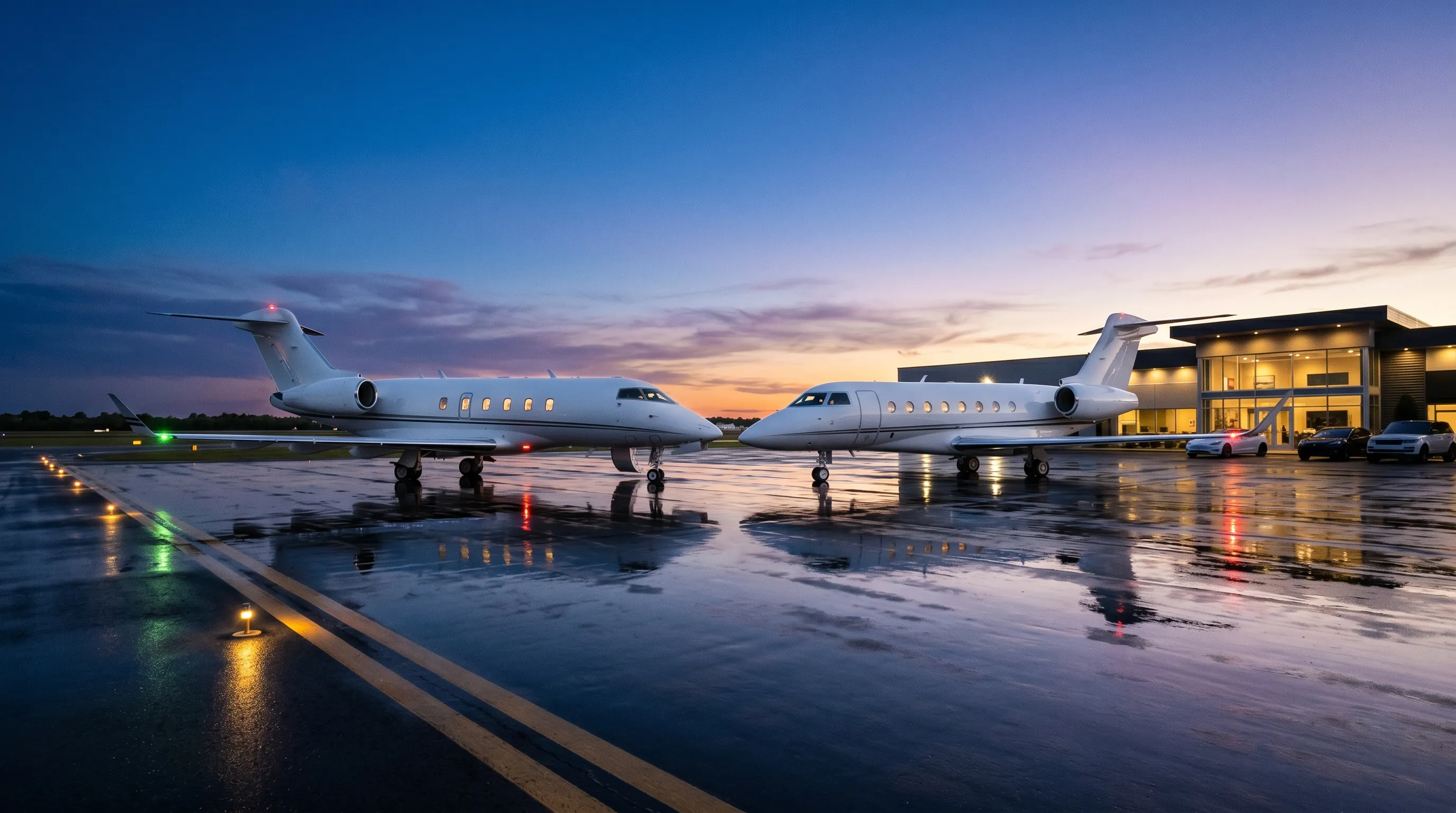 Bombardier Challenger 300 and Cessna Citation Sovereign parked on an FBO ramp for comparison