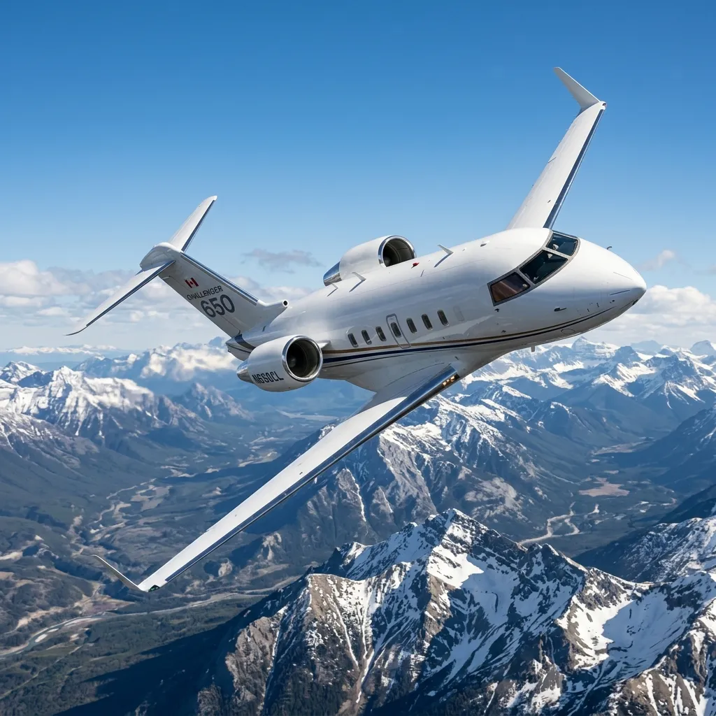 Bombardier Challenger 650 business jet in flight over terrain showing its wide fuselage and distinctive T-tail