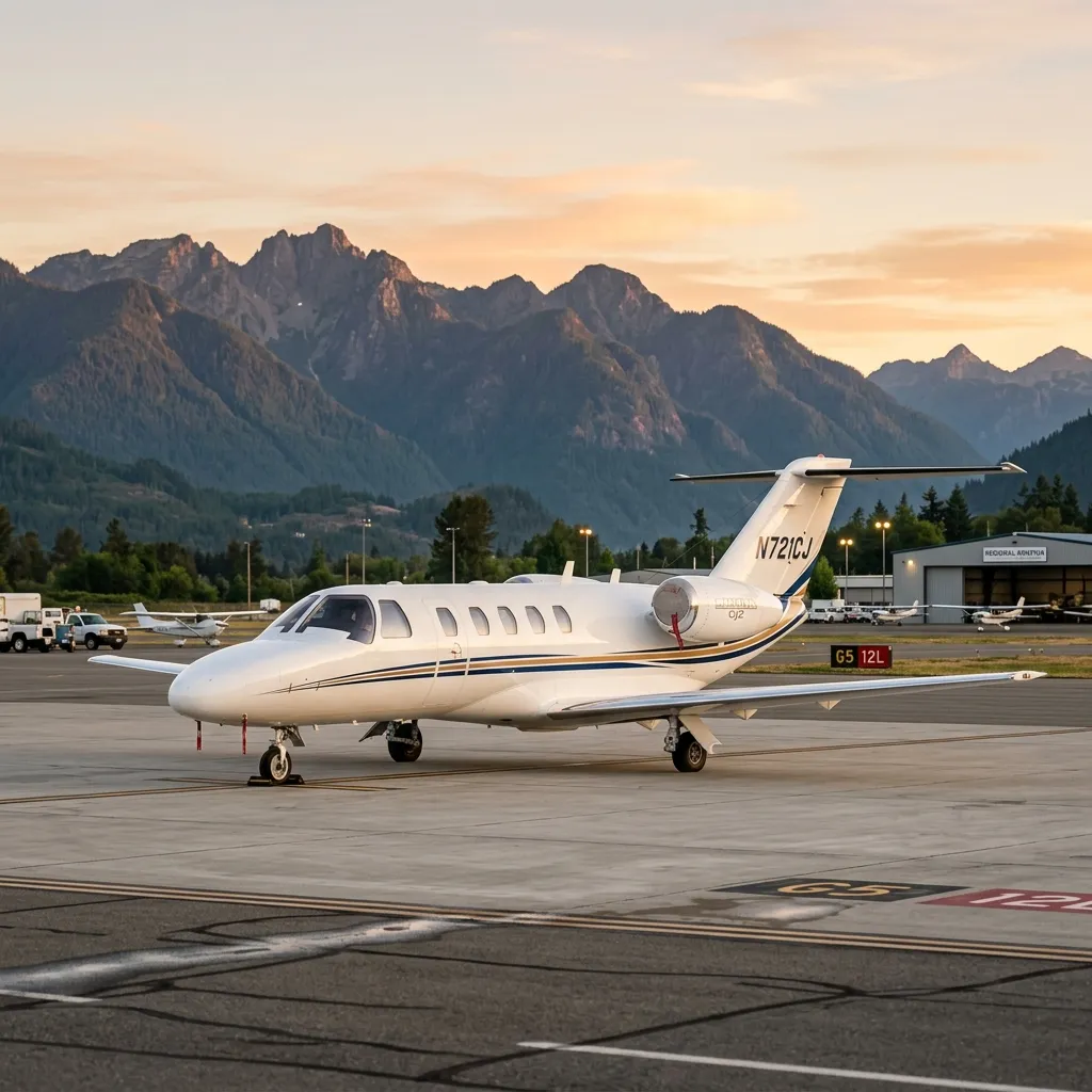 Cessna Citation CJ2 parked on ramp at a regional airport with mountains in background