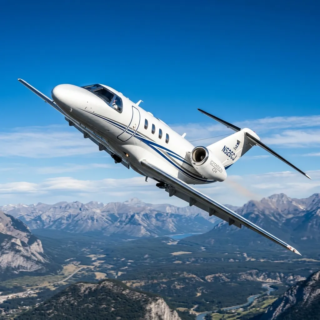 Cessna Citation CJ4 business jet climbing through clear skies showing its distinctive winglet design