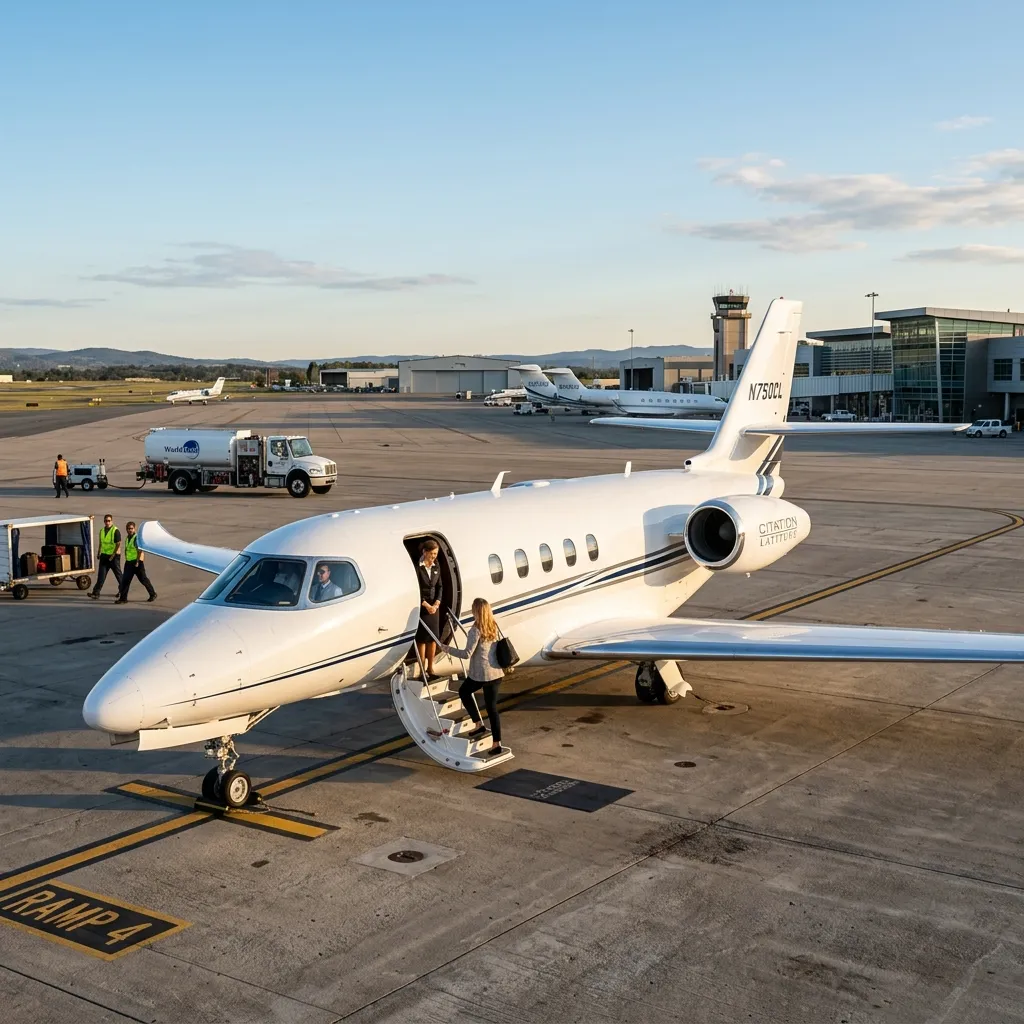 Cessna Citation Latitude super-midsize jet parked on a private ramp with cabin door open