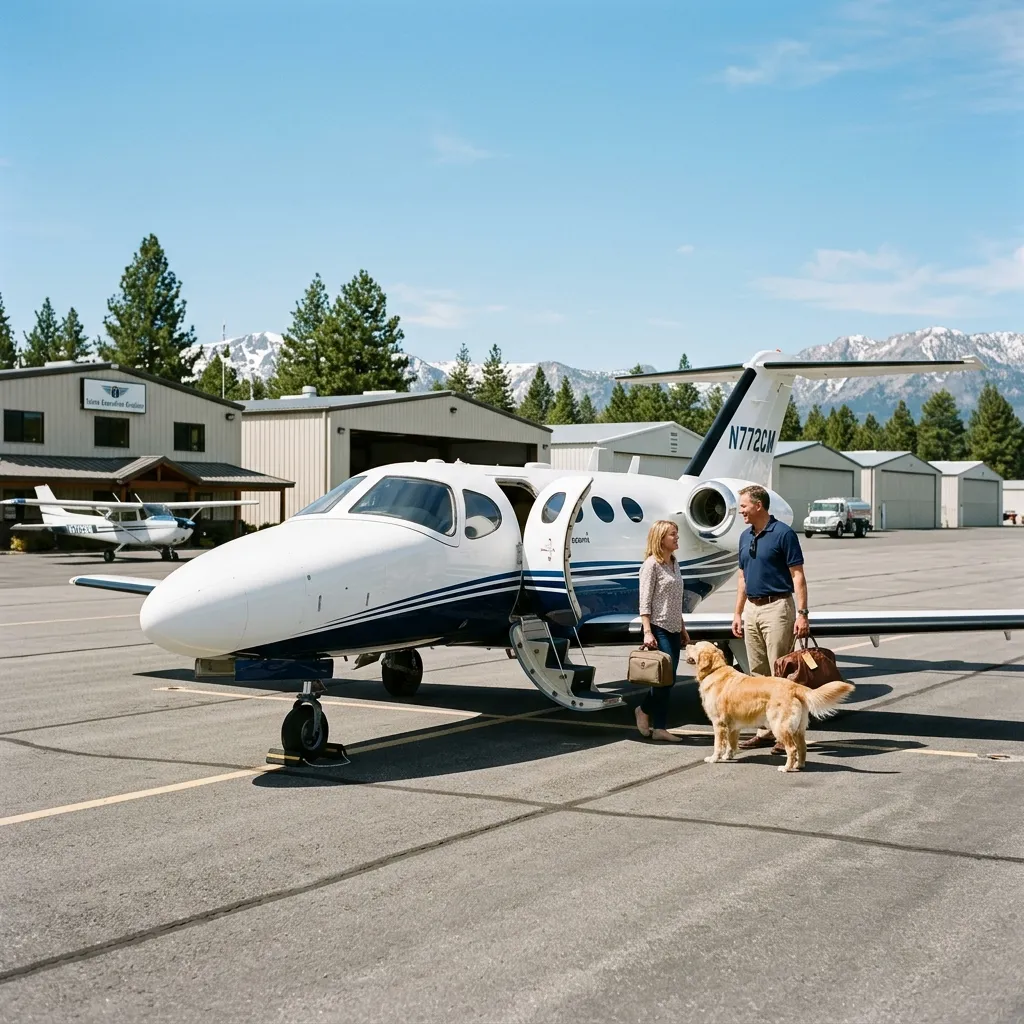 Cessna Citation Mustang parked on an executive ramp at a small general aviation airport