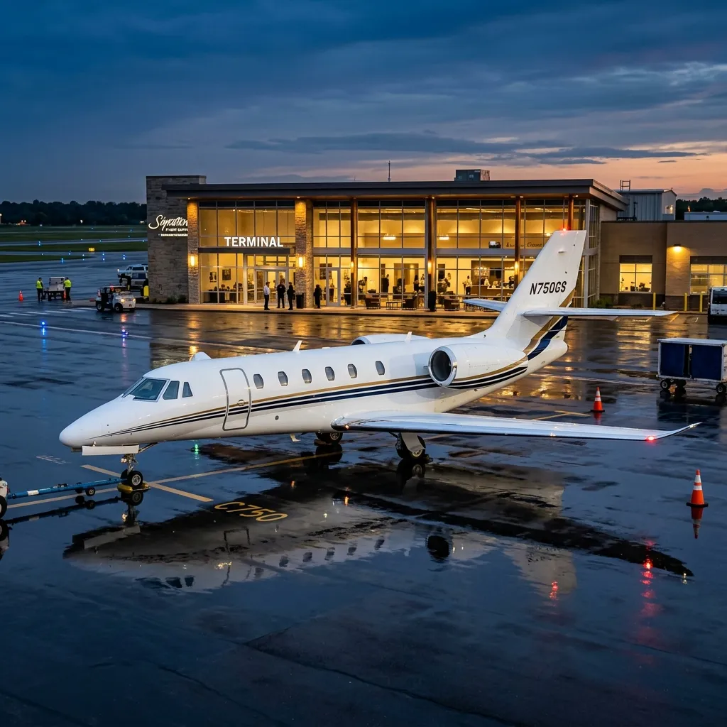 Cessna Citation Sovereign super-midsize jet parked on a private terminal ramp at dusk