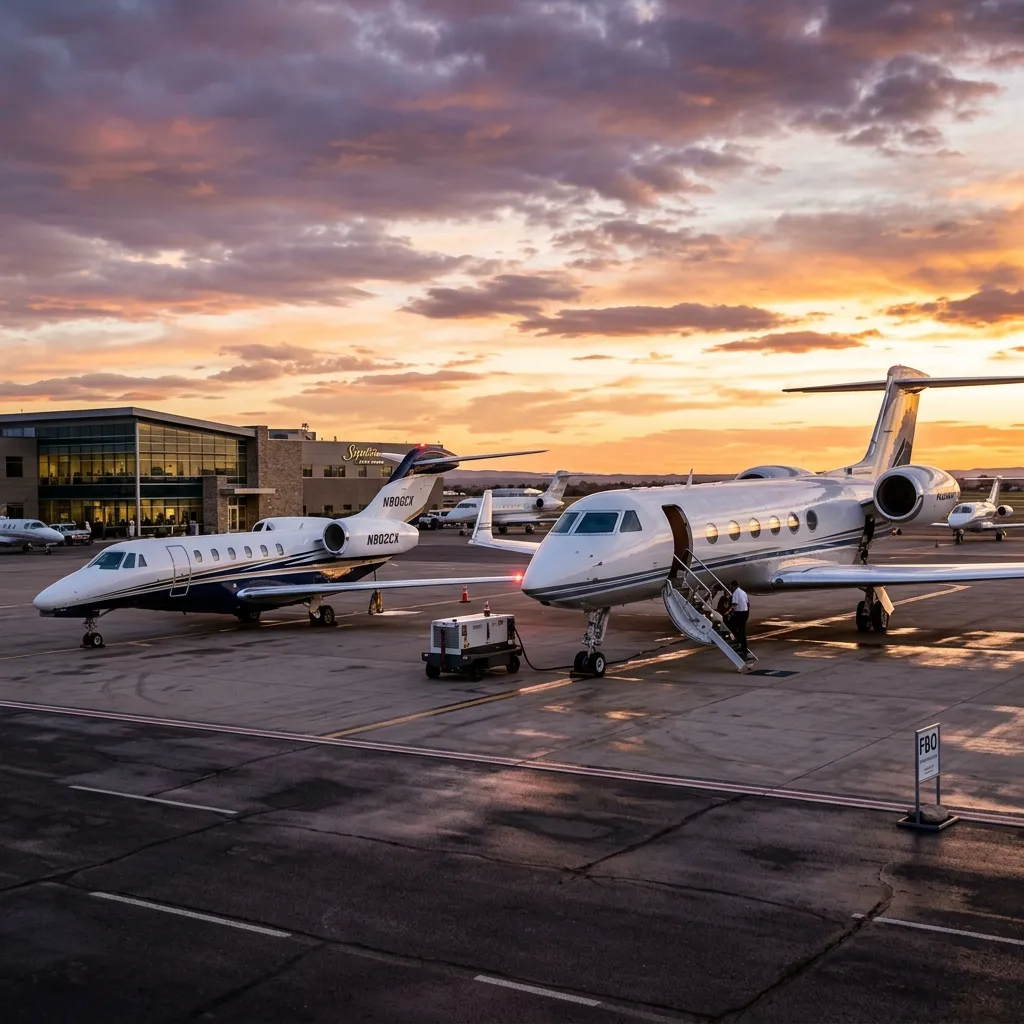 Cessna Citation X super-midsize jet and Gulfstream G550 heavy jet parked side by side on an FBO ramp at sunset