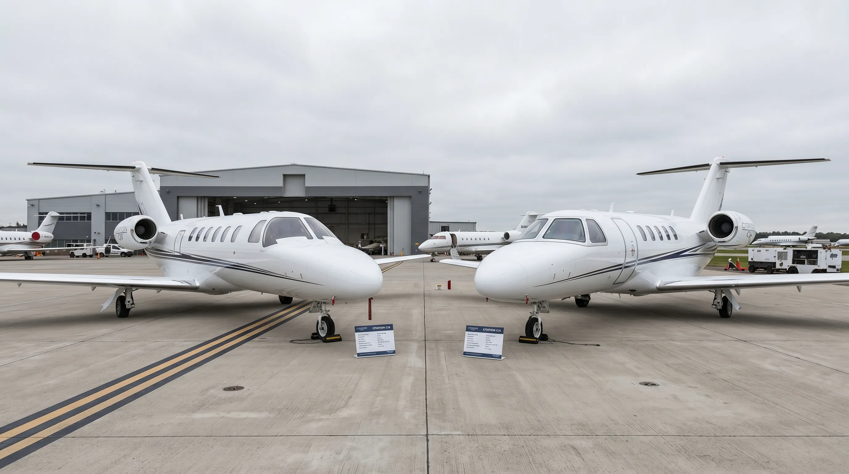 Two Cessna Citation jets parked side by side on airport ramp