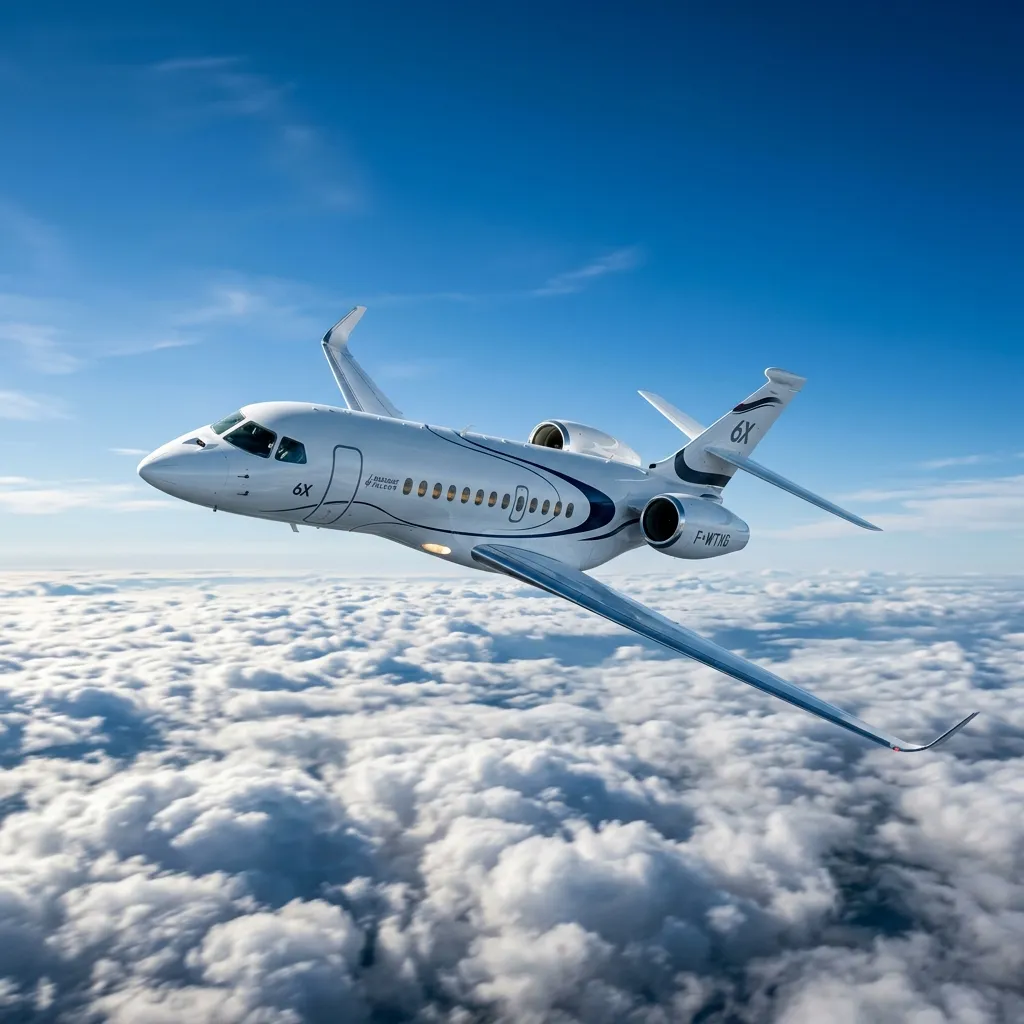 A Dassault Falcon 6X on a private ramp showing its wide fuselage and distinctive Dassault wing profile