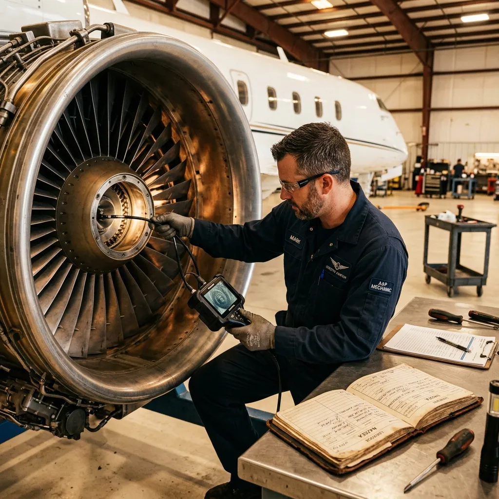 Aviation maintenance professional inspecting a business jet engine in a hangar with maintenance documentation