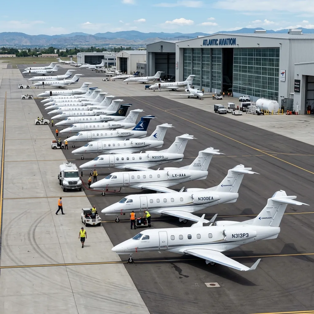 Multiple Embraer Phenom 300 jets parked on a busy FBO ramp in Florida