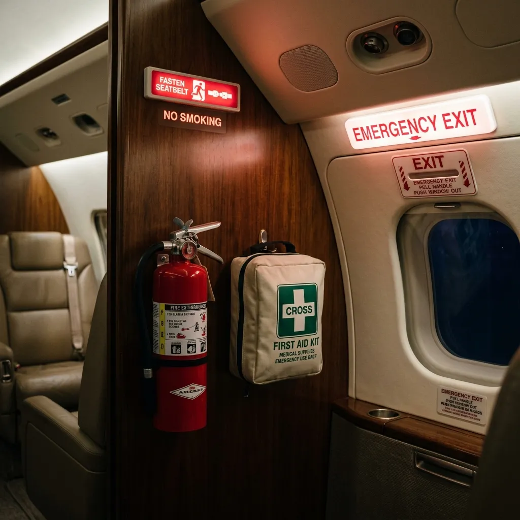 Fire extinguisher, first aid kit, and emergency exit markings inside a business jet cabin