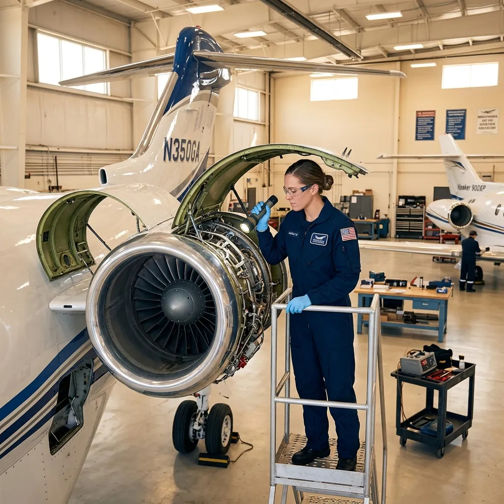 Aircraft maintenance technician inspecting the engine nacelle of a business jet in a hangar