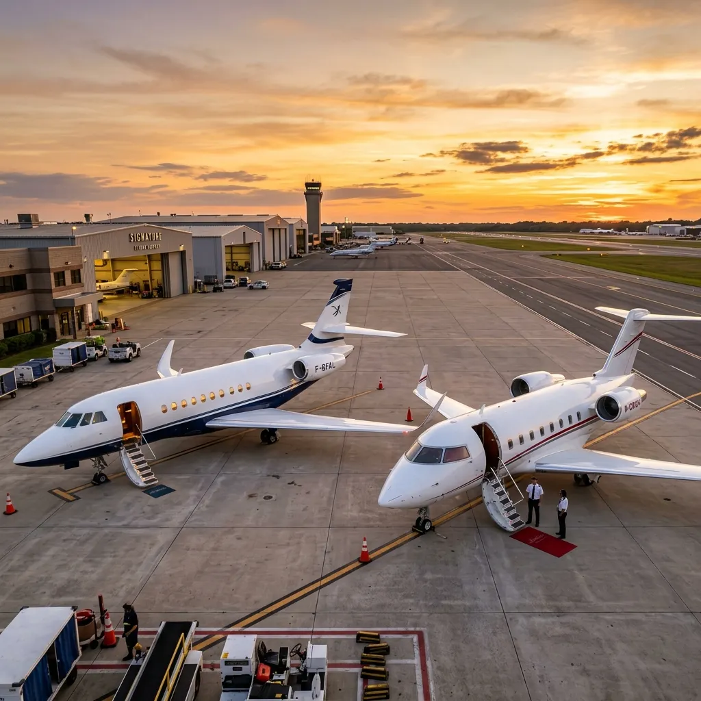 Dassault Falcon 2000LXS and Bombardier Challenger 604 business jets side by side on a ramp