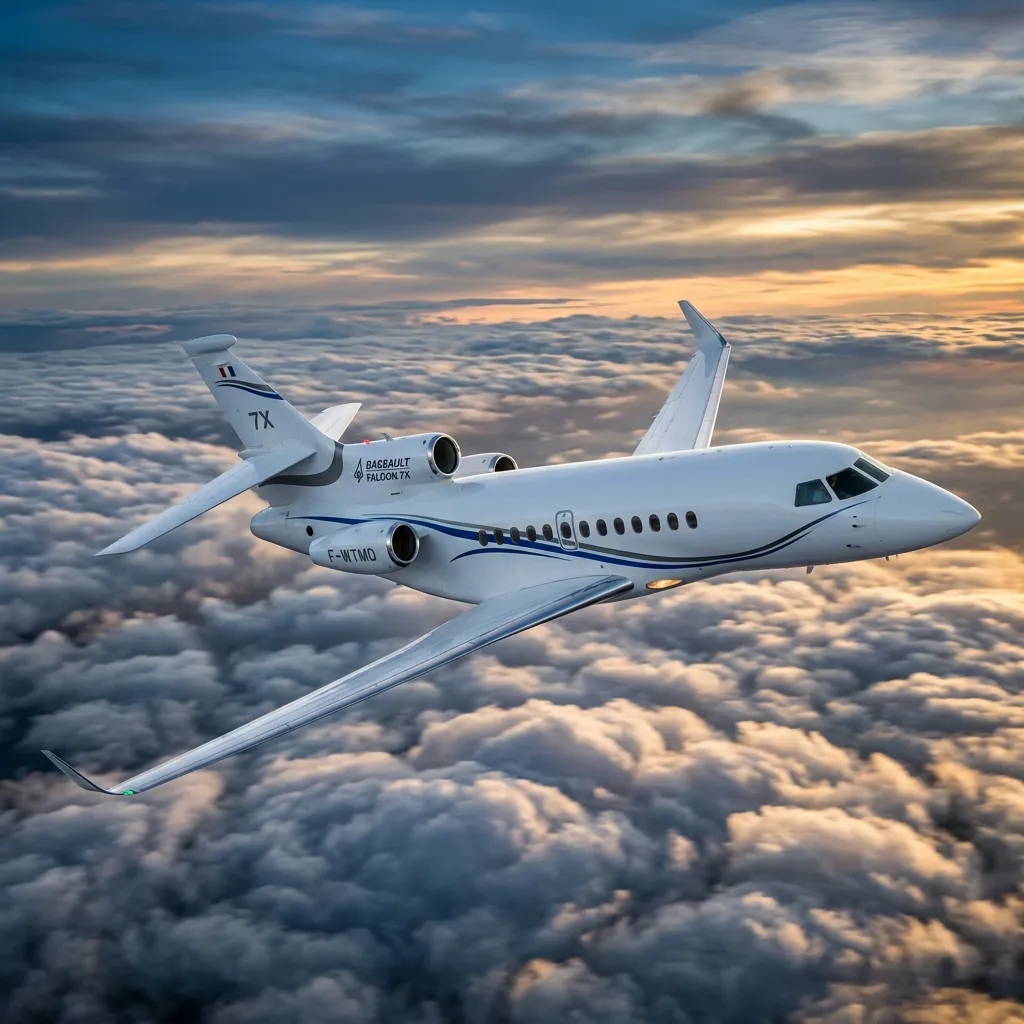 Dassault Falcon 7X on approach over mountains with landing gear extended