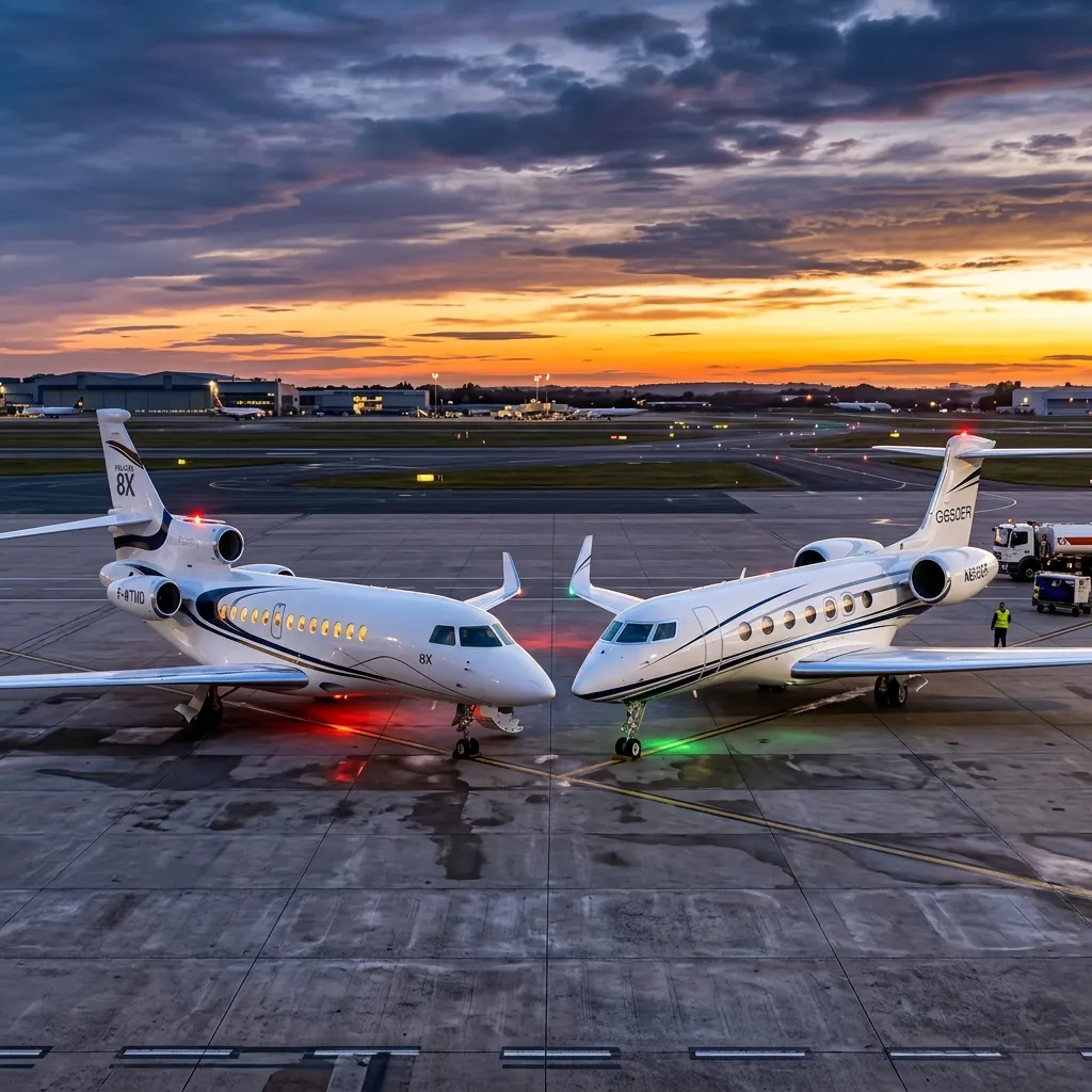 Dassault Falcon 8X and Gulfstream G650ER parked side by side on a private aviation ramp