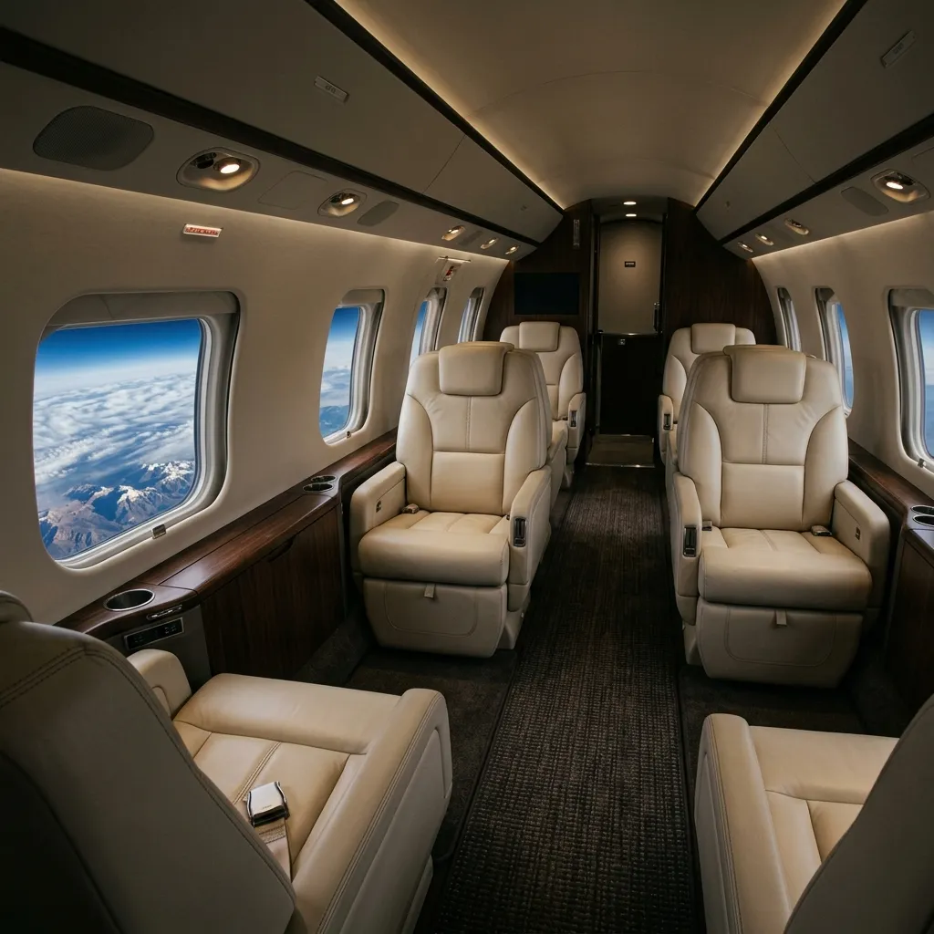 Empty business jet cabin during a repositioning flight with no passengers on board