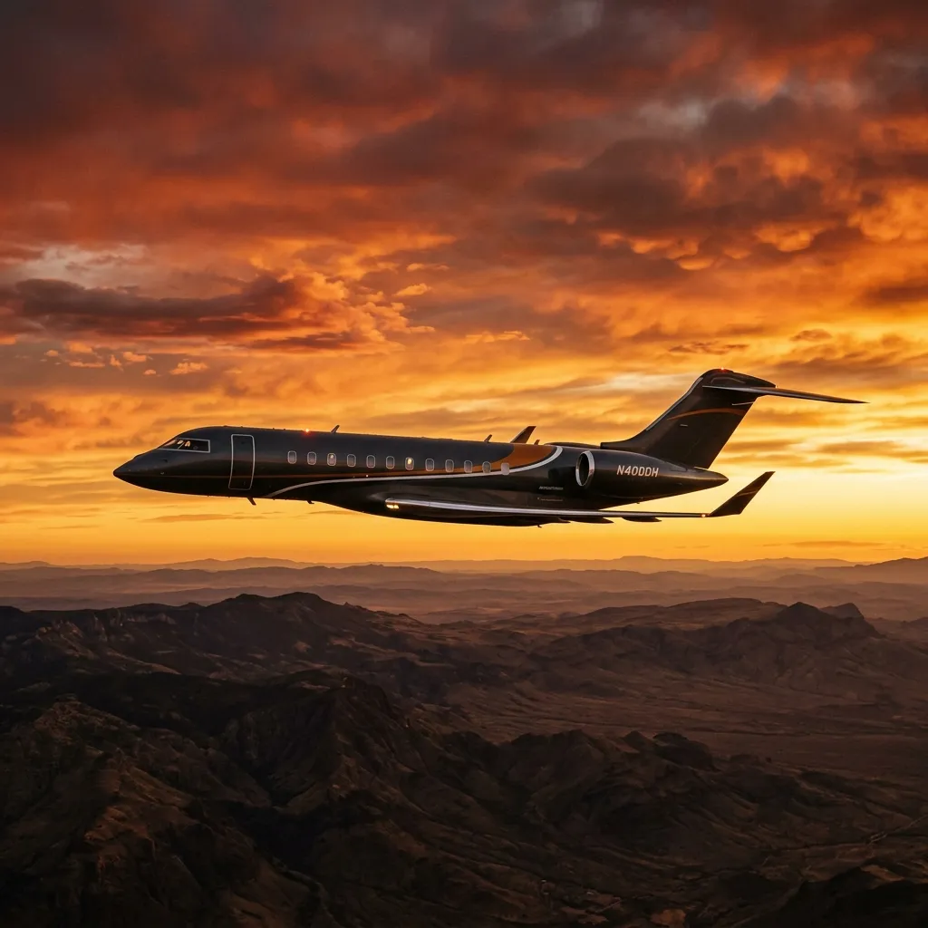 Empty business jet flying repositioning leg at sunset with no passengers aboard