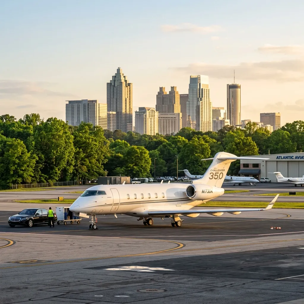 Private business jet on the ramp at DeKalb-Peachtree Airport with Atlanta's Buckhead skyline in the background