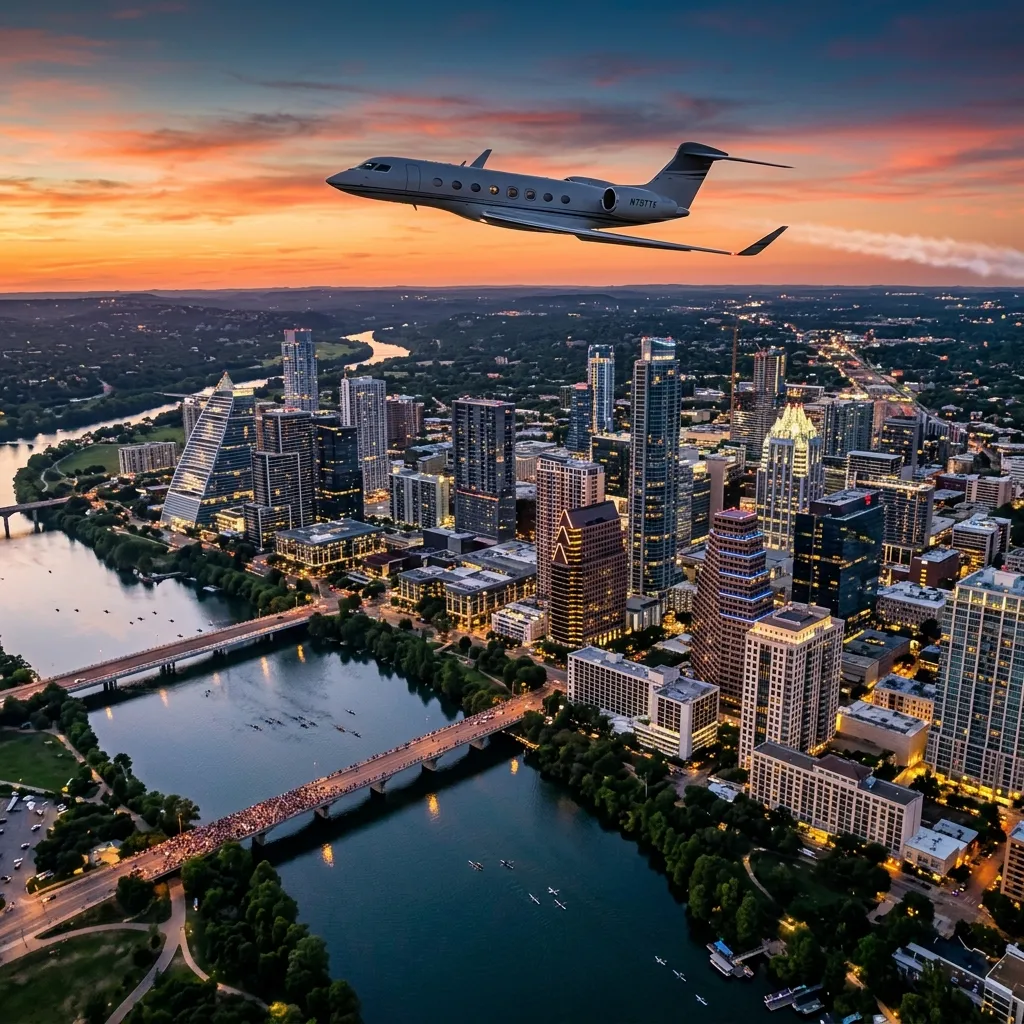 A private jet approaching Austin-Bergstrom International Airport with the Austin skyline and Texas Hill Country visible in the background