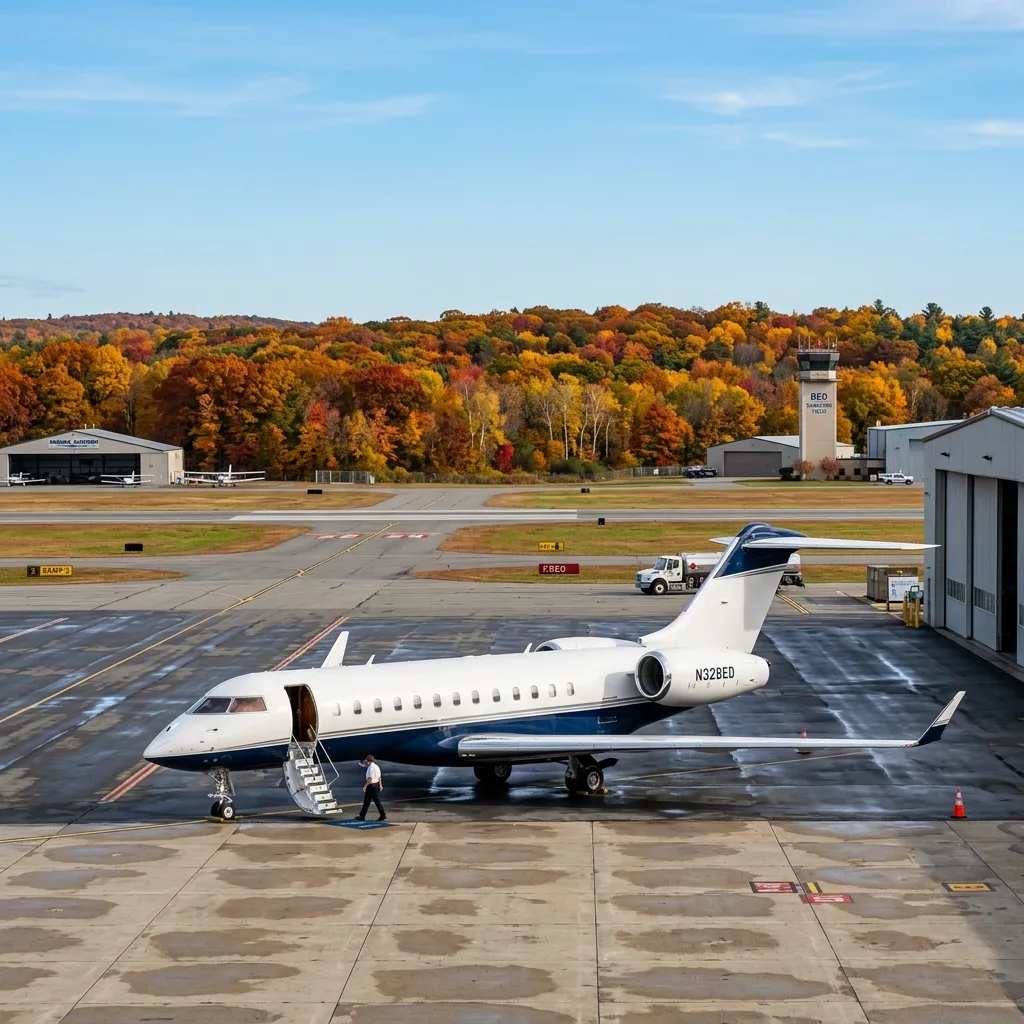 Private jet on the ramp at Hanscom Field with autumn New England foliage in the background