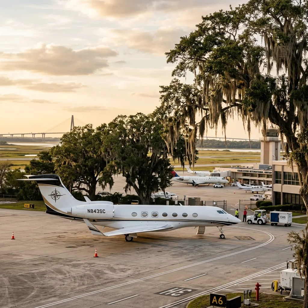 Business jet on the ramp at Charleston International Airport with moss-draped live oaks and historic architecture visible beyond the field