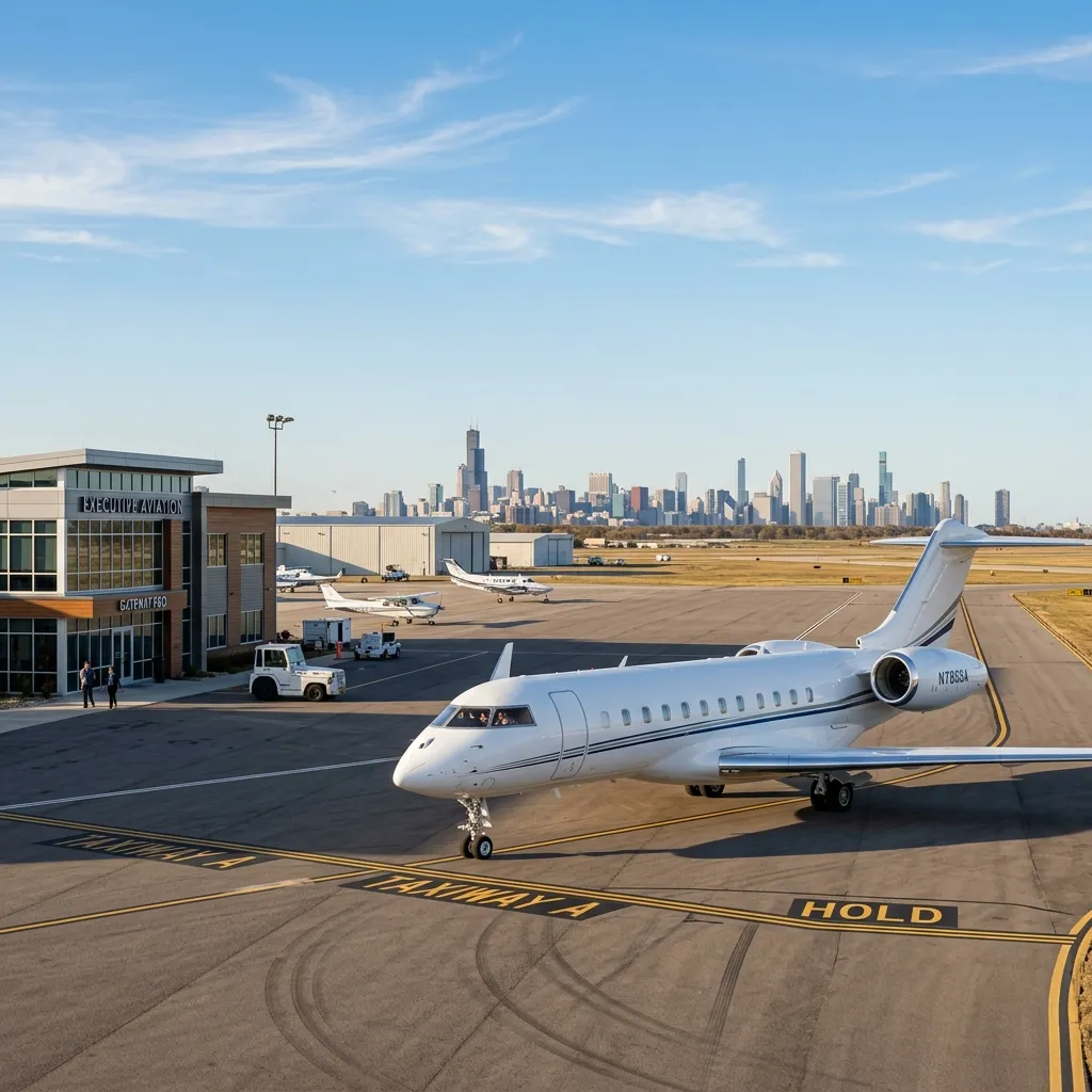 Private jet on the ramp at Chicago Executive Airport with the Chicago skyline visible in the distance