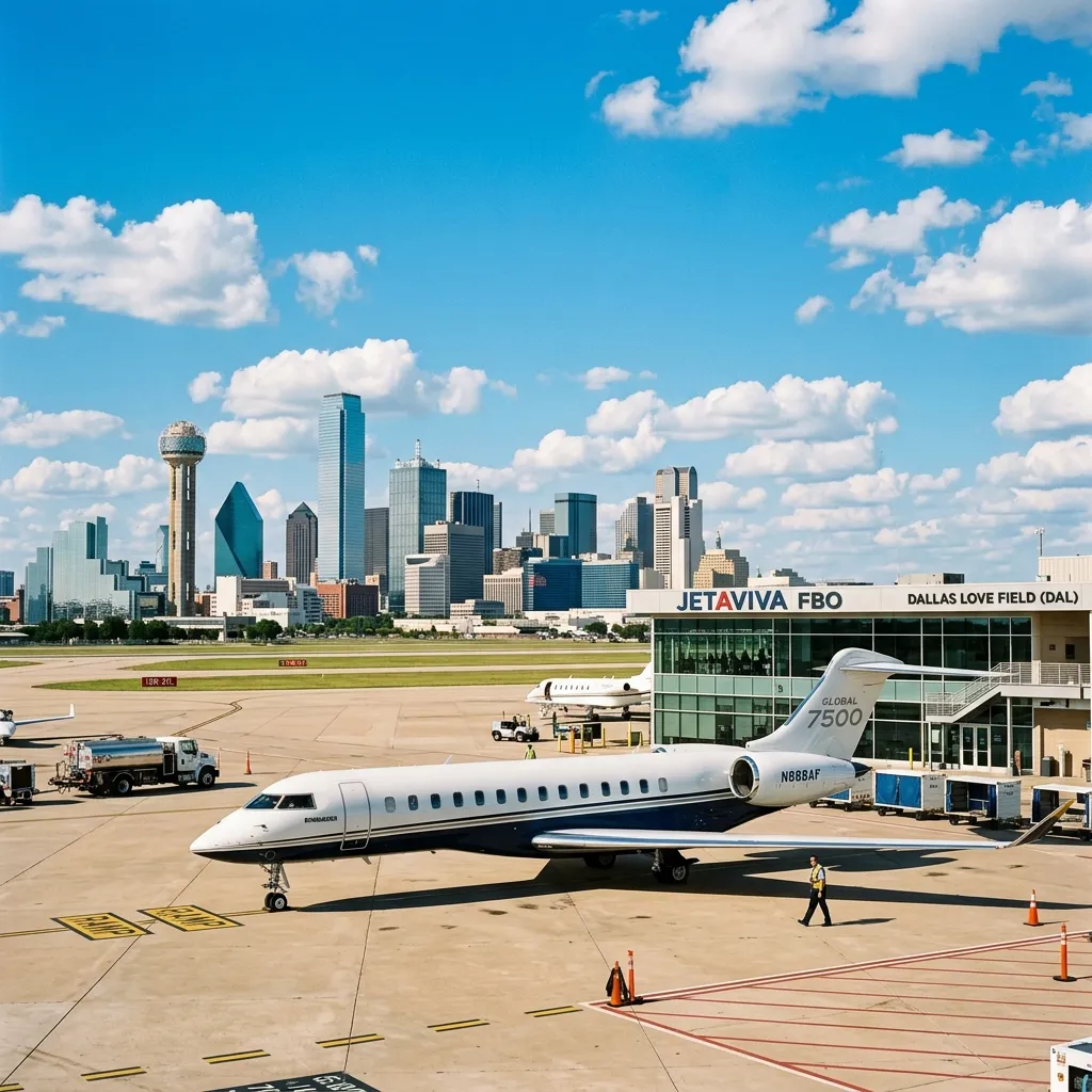 Business jet on the ramp at Dallas Love Field with the downtown Dallas skyline visible behind the FBO