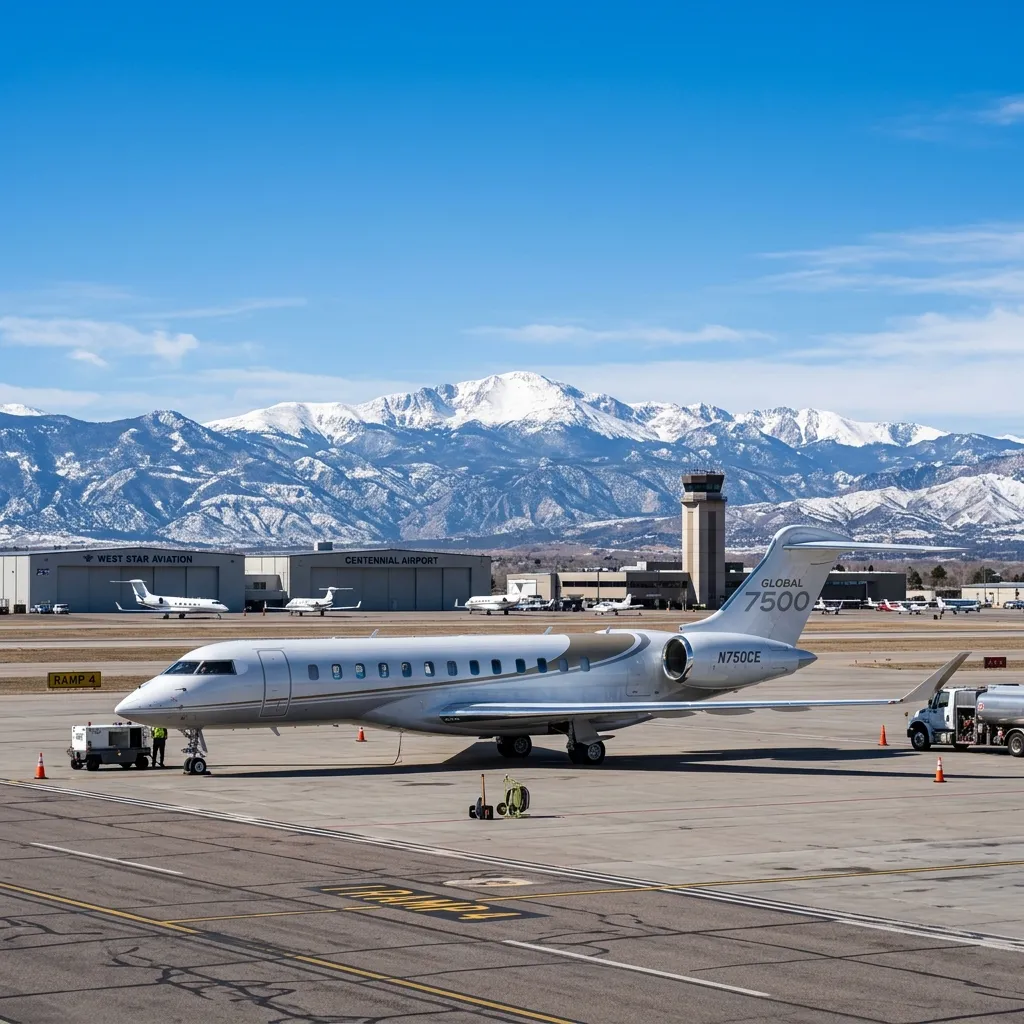 Business jet on the ramp at Centennial Airport with the Rocky Mountains visible on the western horizon