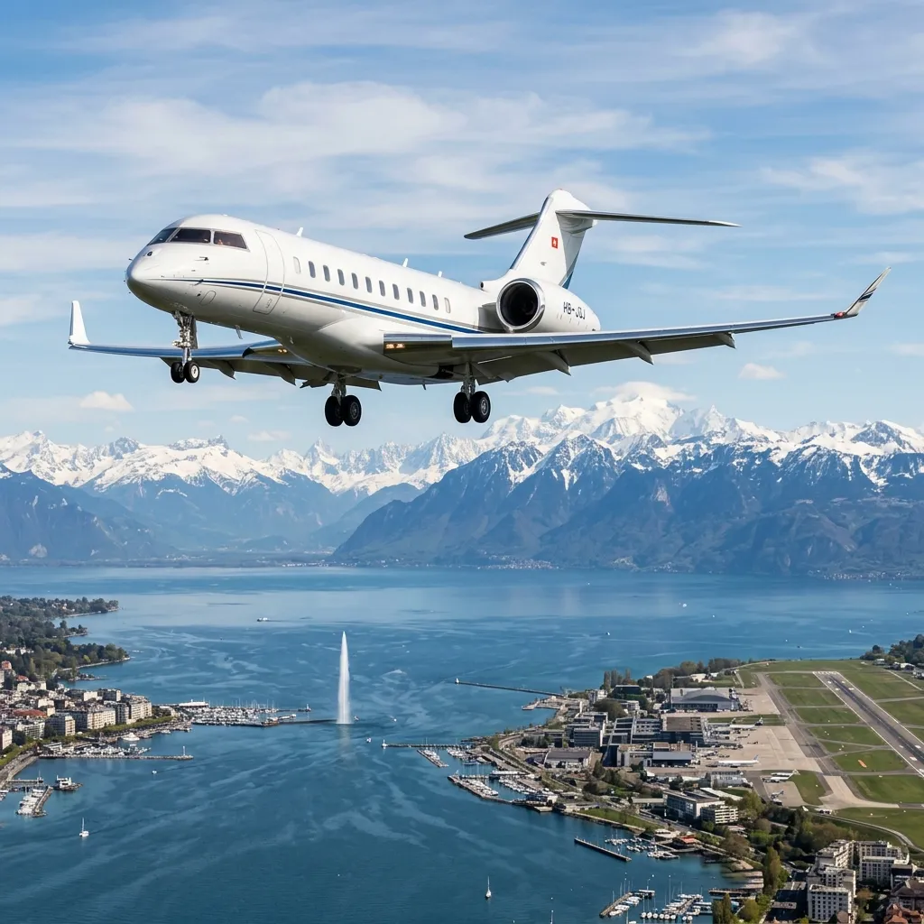 Private jet approaching Geneva Airport with Swiss Alps and Lake Geneva visible below in clear weather