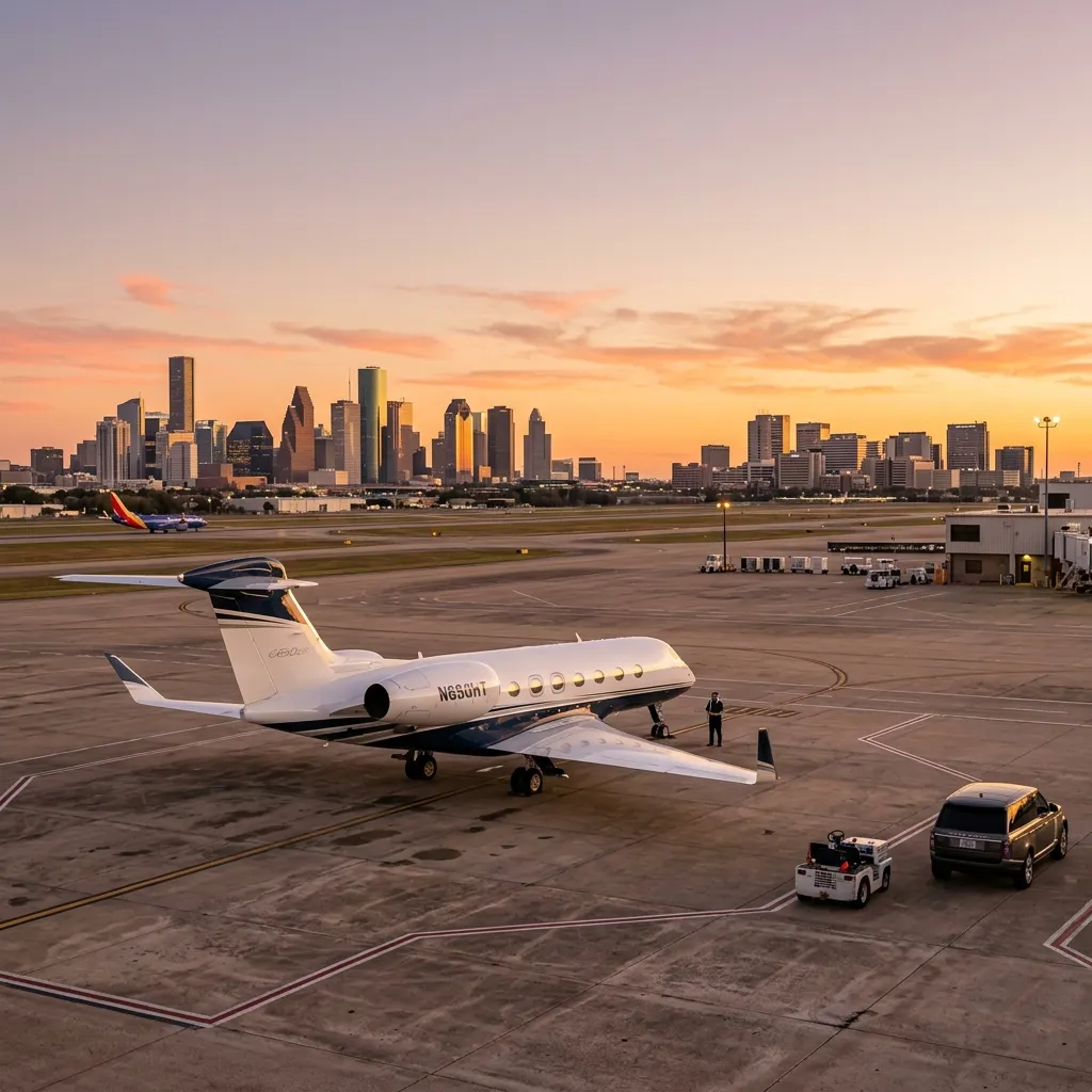 Business jet on the ramp at Houston Hobby Airport with the downtown Houston skyline visible in the distance
