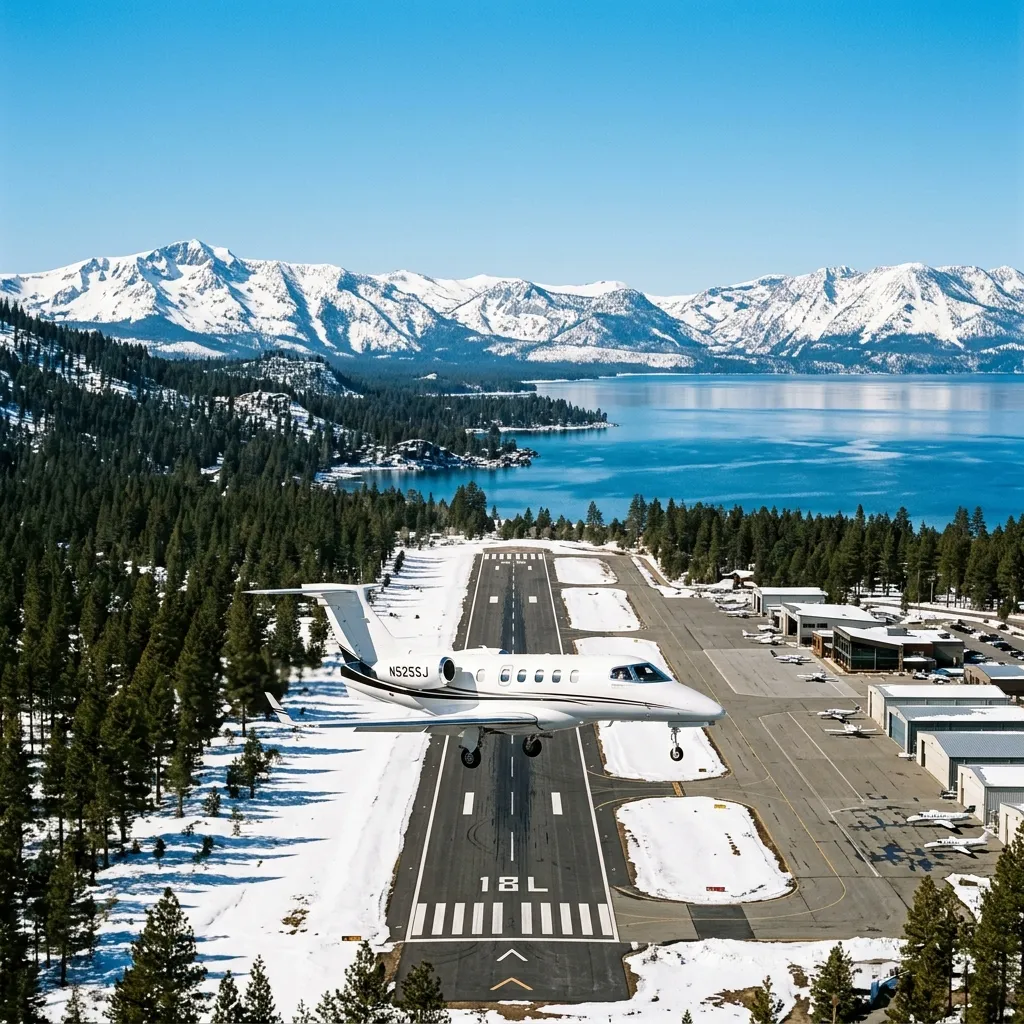 Private jet on approach to Truckee-Tahoe Airport with snow-capped Sierra Nevada mountains and Lake Tahoe in the background