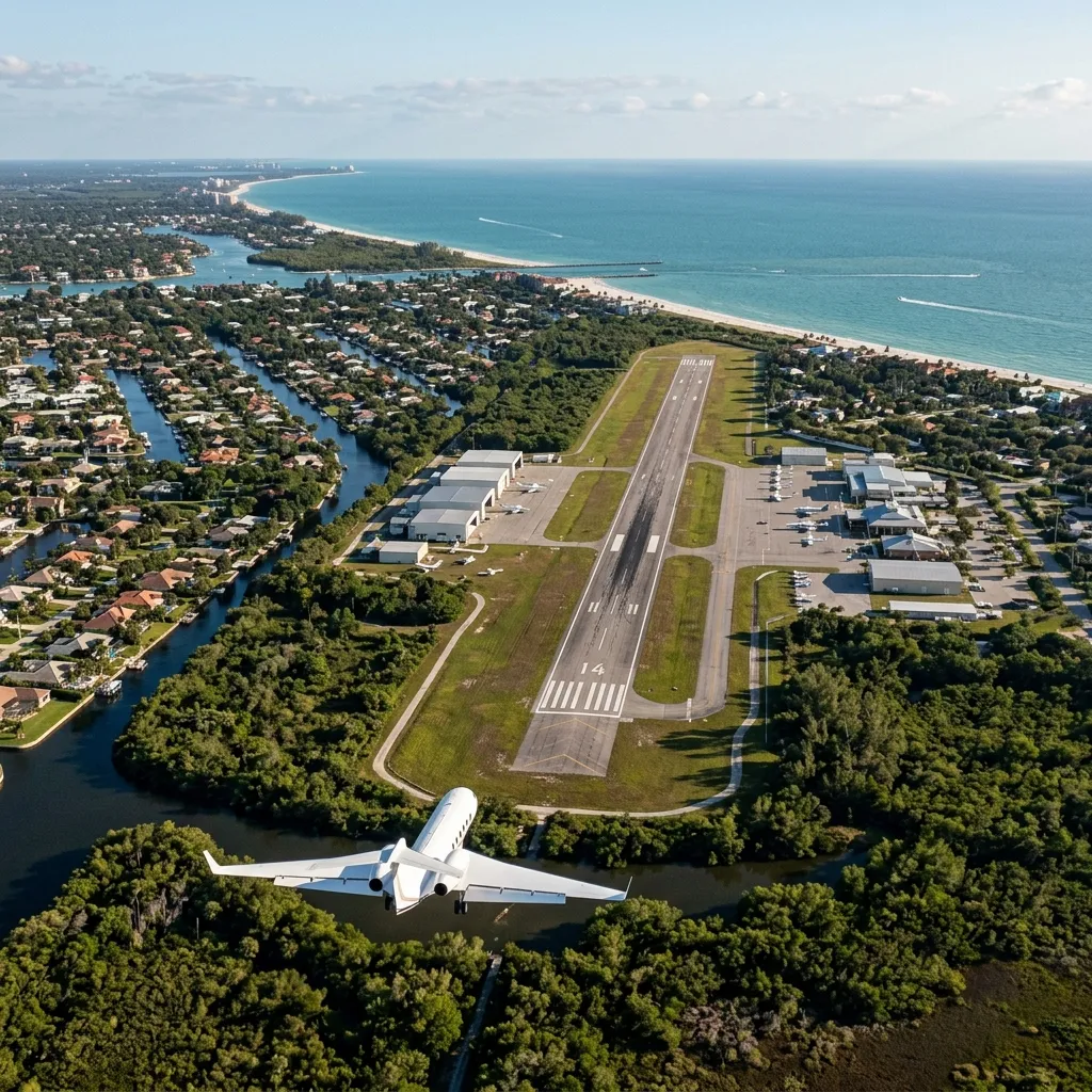 Private jet on approach to Naples Airport with Gulf of Mexico coastline visible
