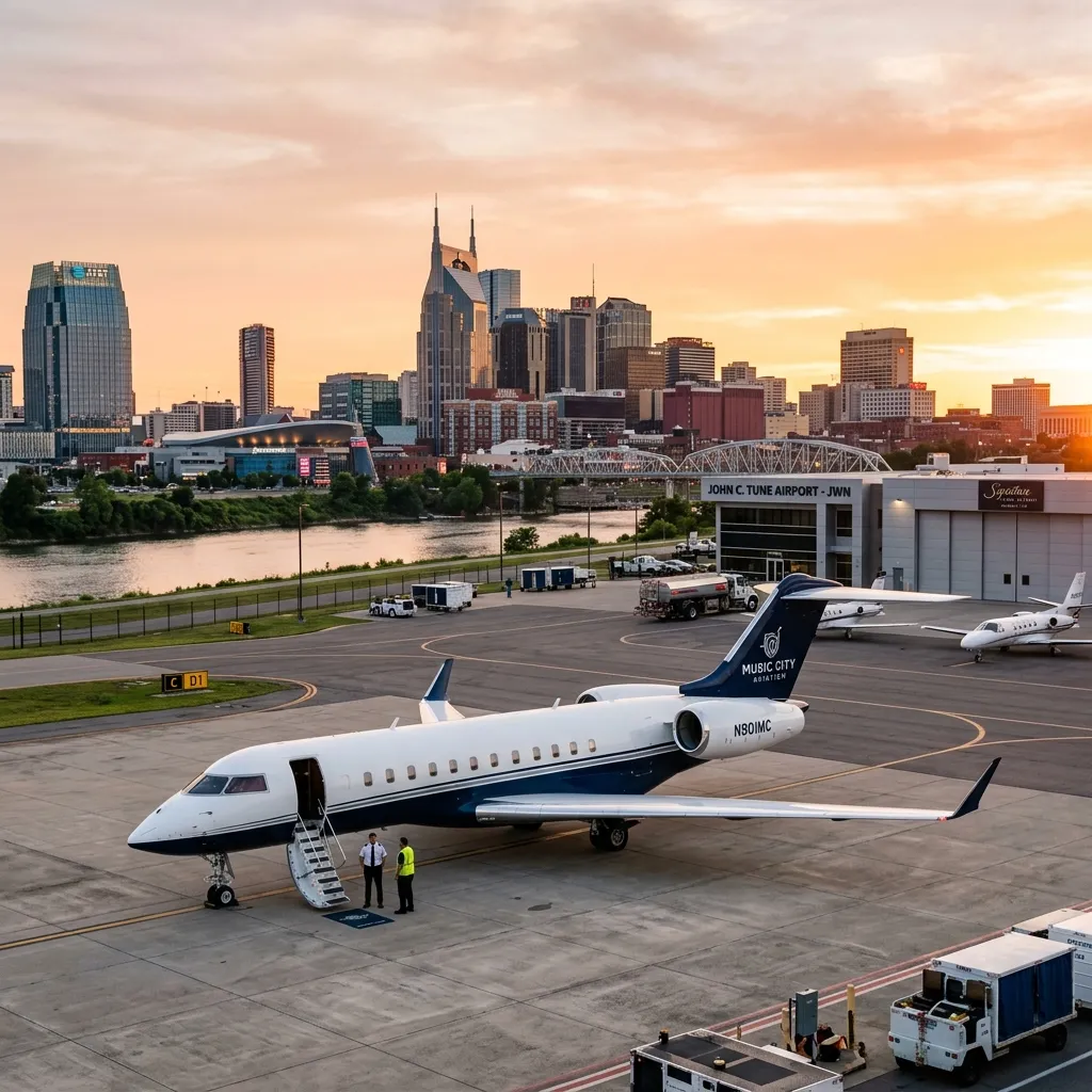 Business jet on the ramp at Nashville John C. Tune Airport with the downtown Nashville skyline visible across the Cumberland River
