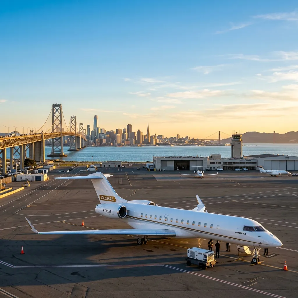 Business jet on the ramp at Oakland International Airport with the San Francisco skyline and Bay Bridge visible across the water