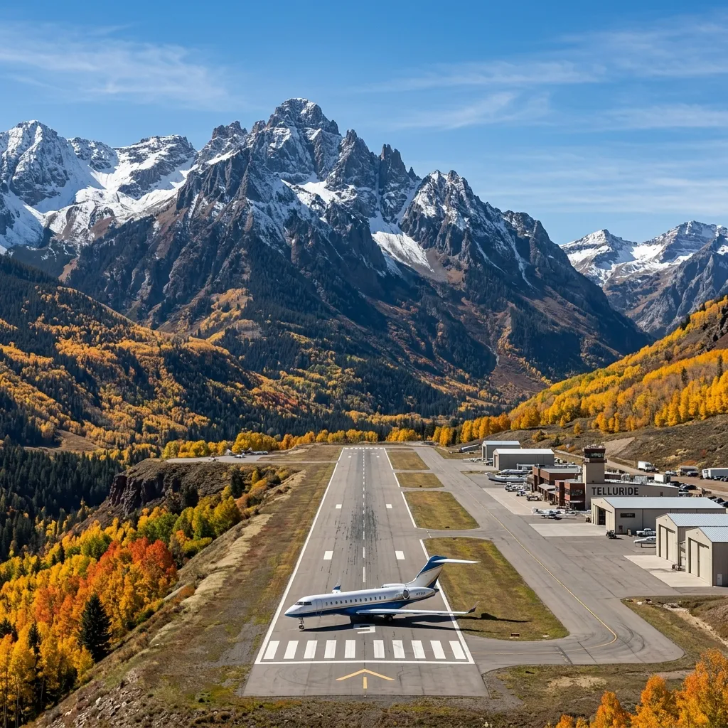 Small jet on approach to mountain airport with snow-covered peaks in background