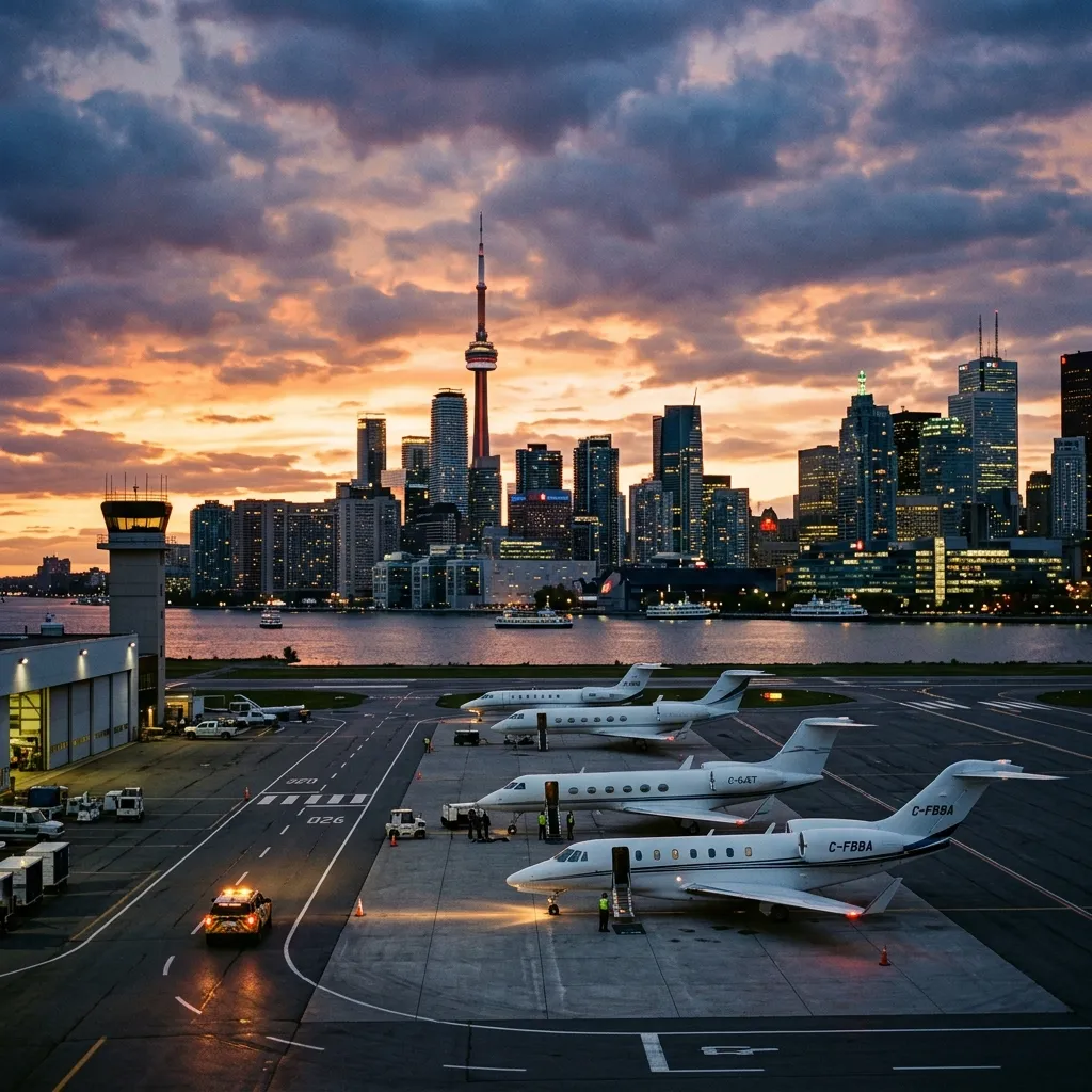Toronto skyline with CN Tower and Lake Ontario viewed from Billy Bishop Airport runway