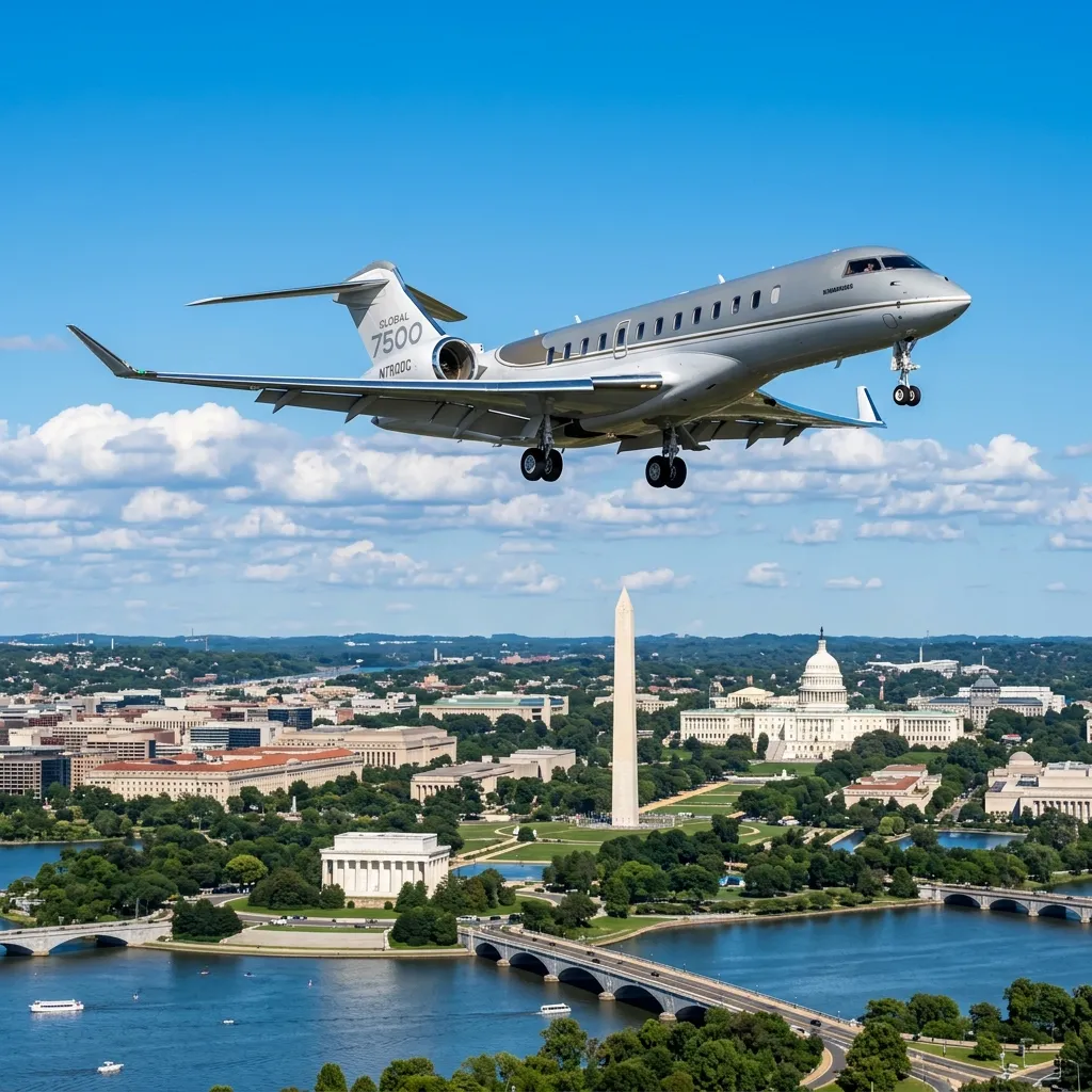 Business jet on approach near Washington DC with the Capitol dome visible in the distance