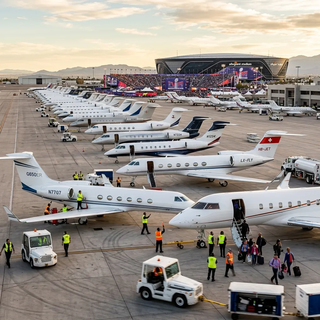 Private jets lined up on an airport ramp during a Formula 1 race weekend with the circuit visible in the background