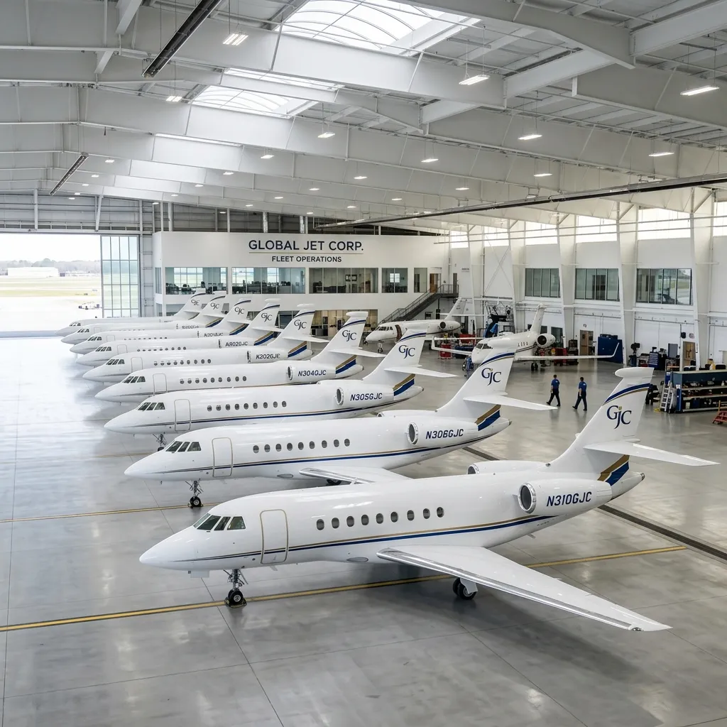 Row of business jets in matching white livery parked at a fractional aviation operations base