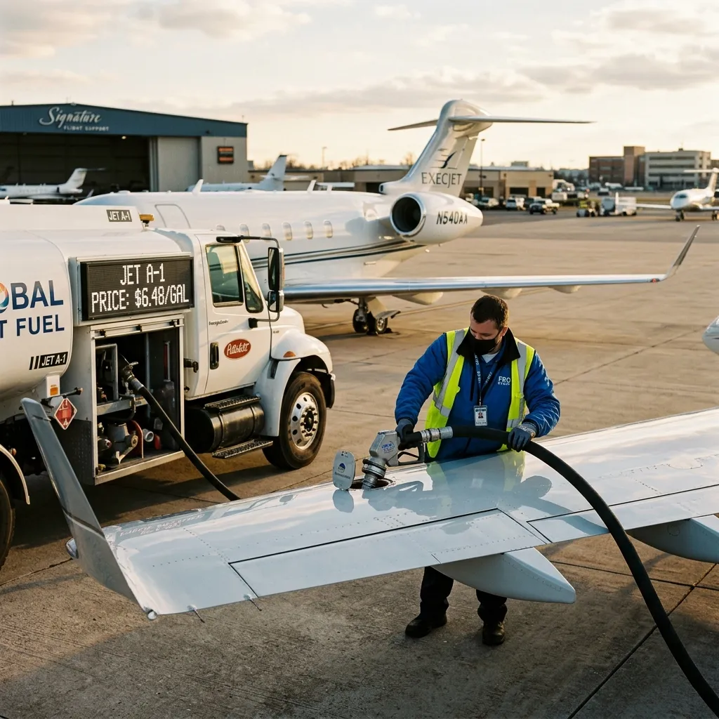 Fuel truck refueling a business jet on the airport ramp at sunrise