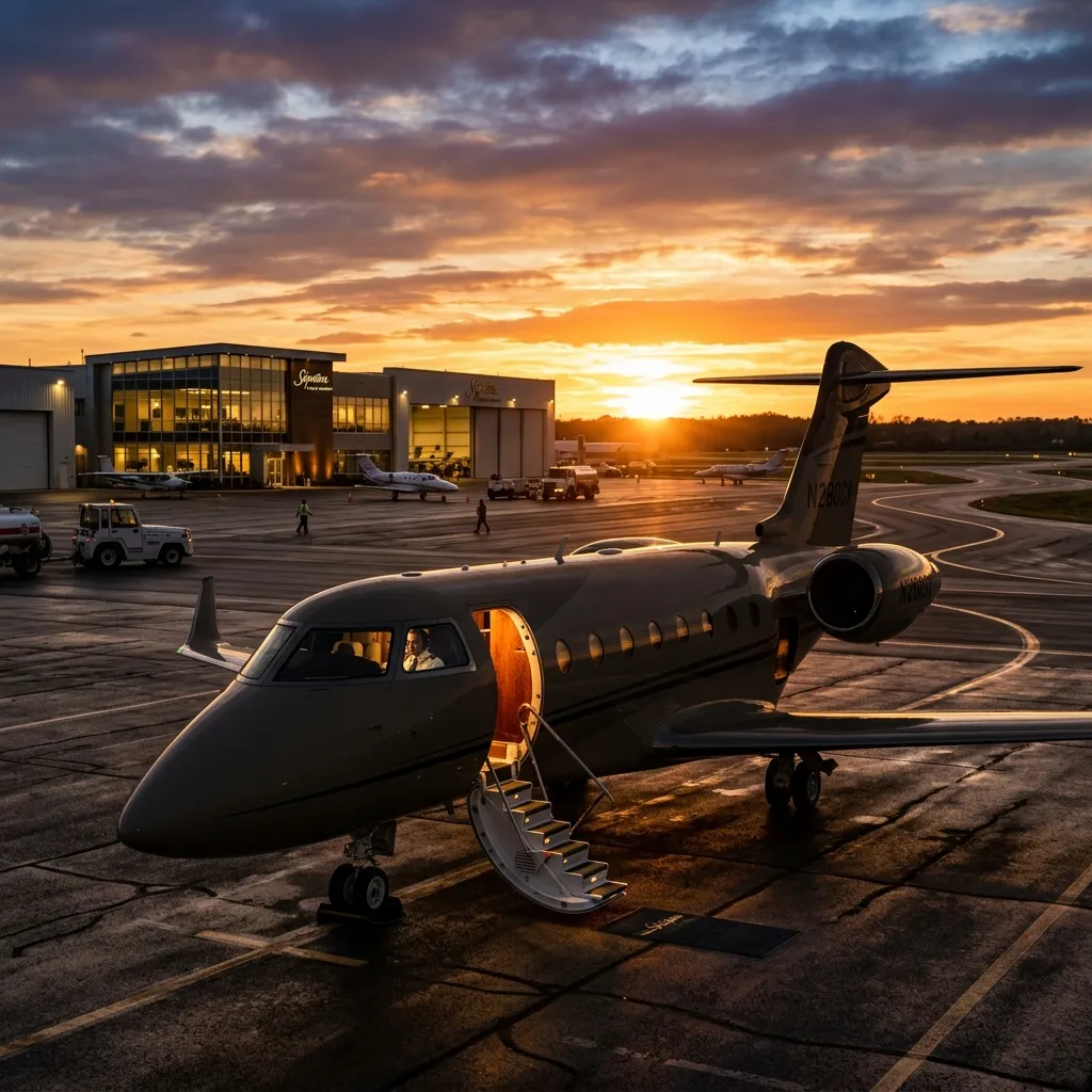 Gulfstream G280 super-midsize jet on a private ramp at dusk
