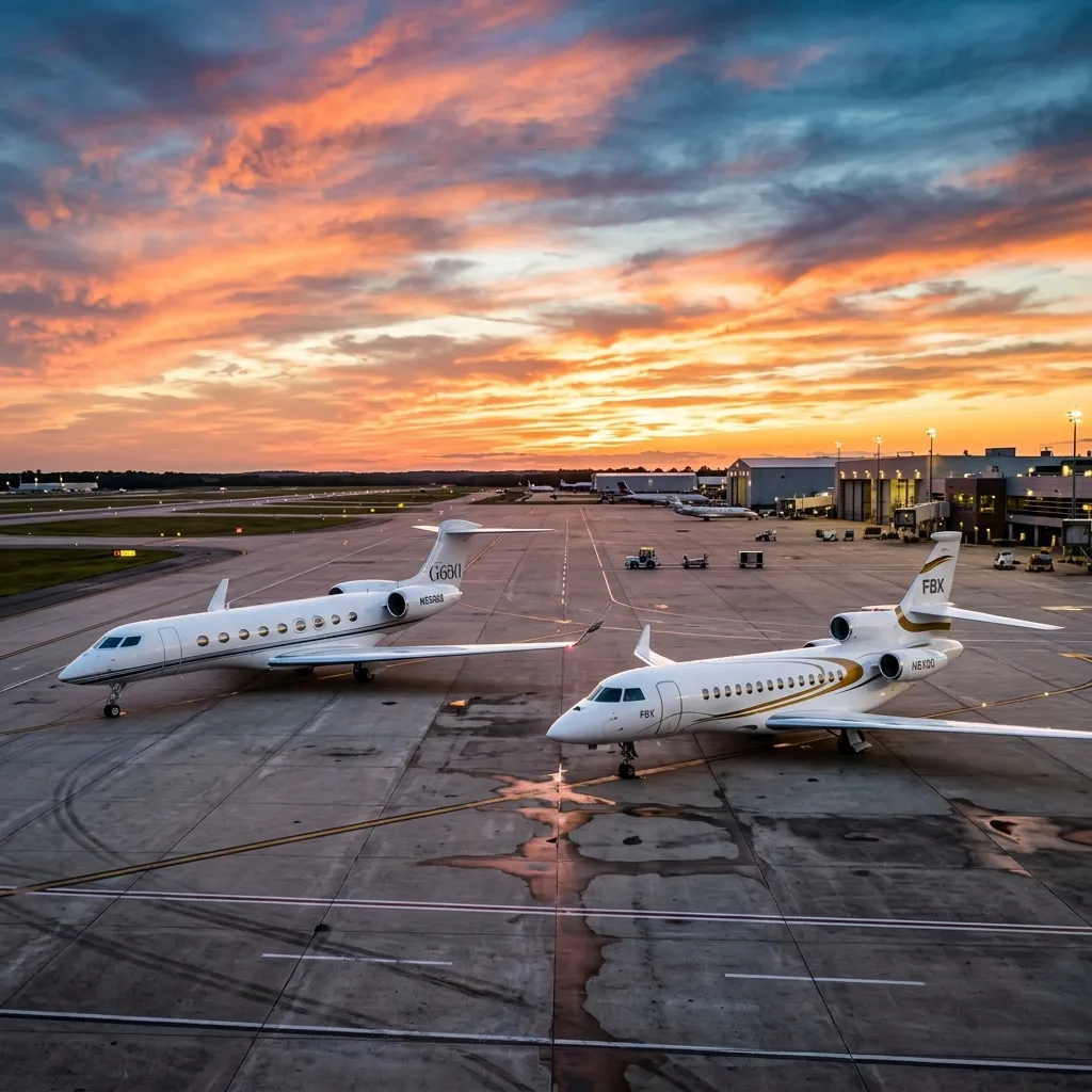 Gulfstream G650 and Dassault Falcon 8X ultra long range jets on the ramp at golden hour