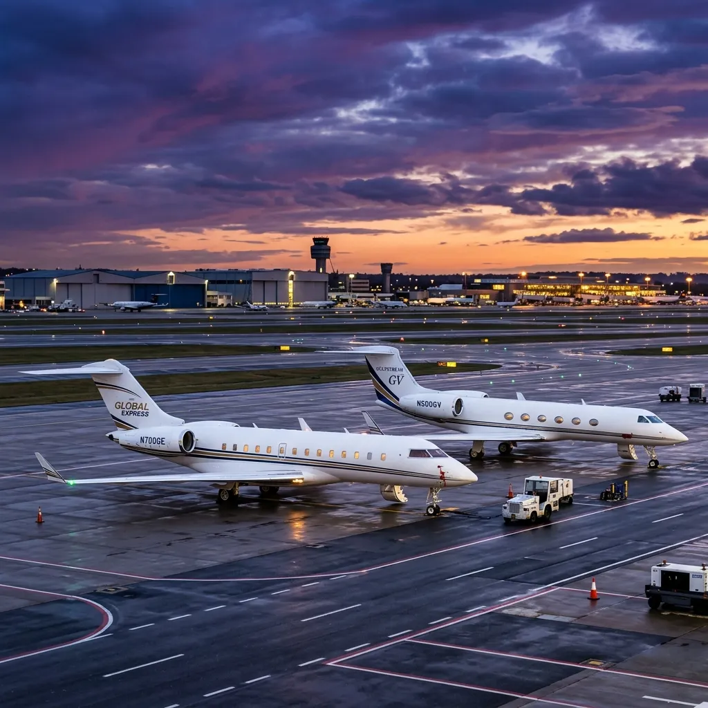 Two ultra long range business jets from the late 1990s parked on a ramp in dramatic lighting