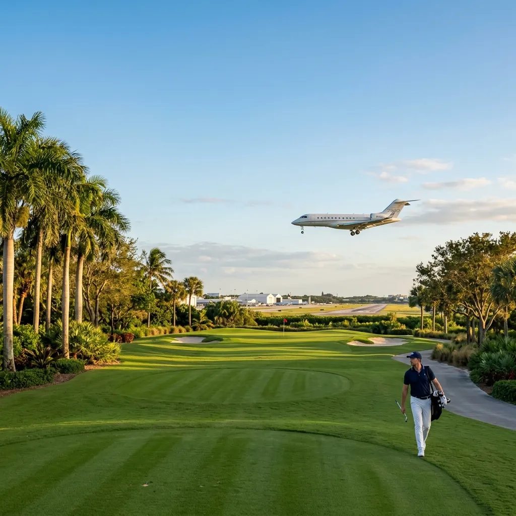 Private jet parked near golf resort with green fairways in background