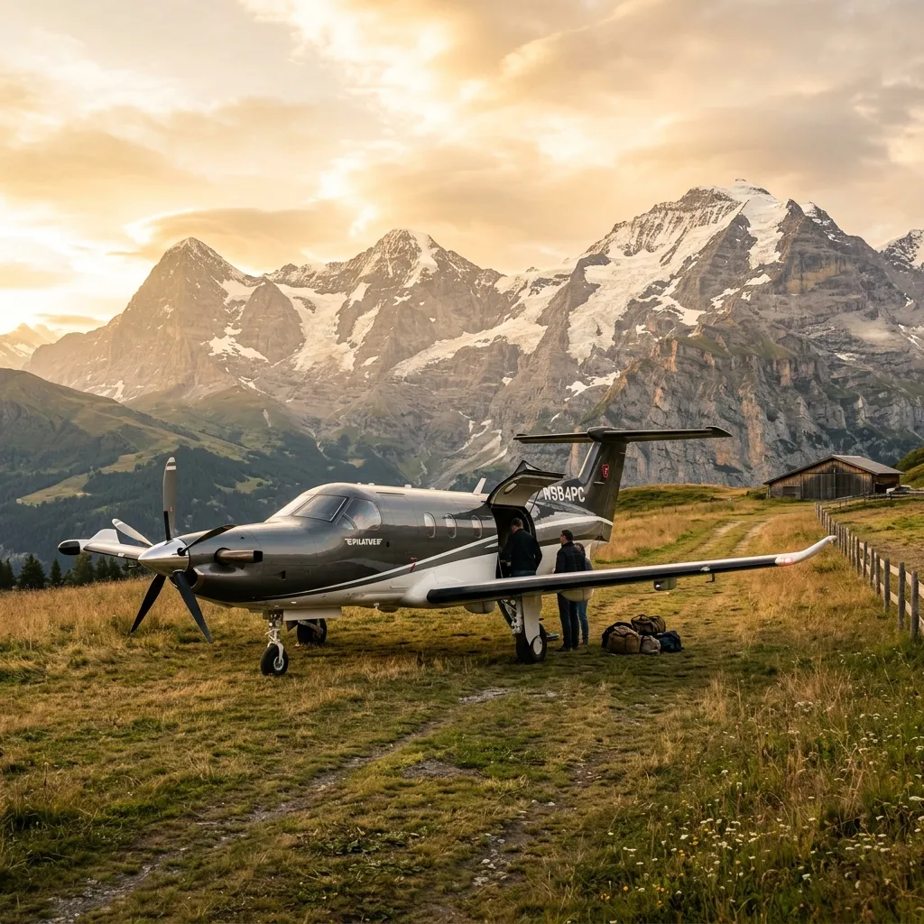 A Pilatus PC-12 NGX parked on a grass strip airfield with mountains in the background and two passengers boarding