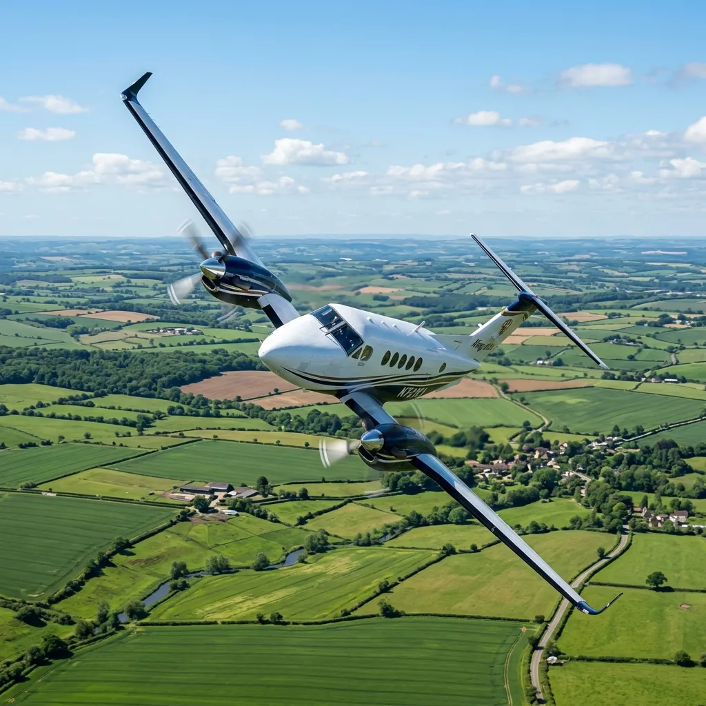 King Air 350 banking over green farmland with propellers visible in motion