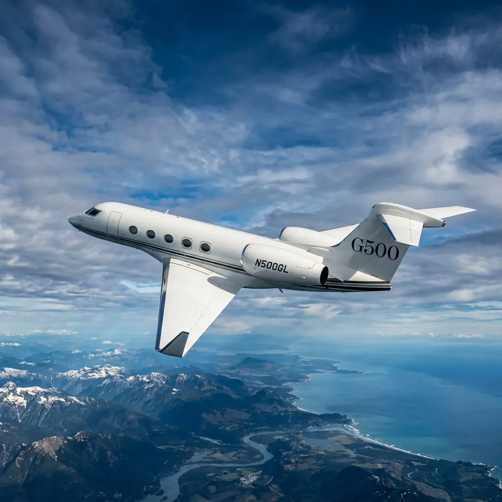 Gulfstream G500 business jet in flight showing its clean wing design and active winglets