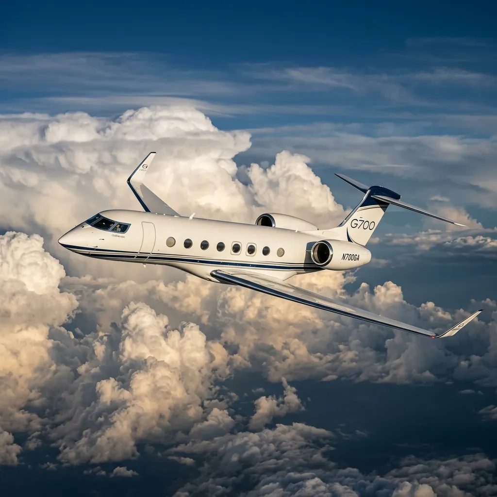 Gulfstream G700 ultra-long-range business jet in flight above cloud layers