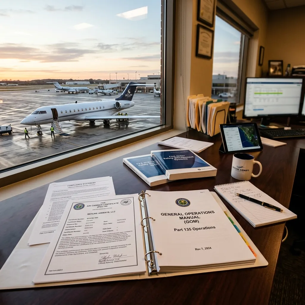 An FAA certificate document on a desk next to aircraft operations manuals and a pilot's kneeboard